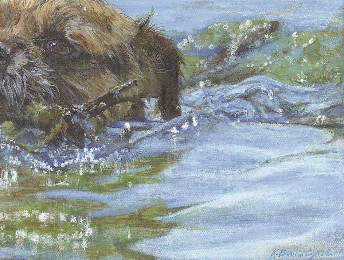 Terrier-Hut, der stolz im Wasser schwimmt, mit einem Stick in seinem Mouth – Painting von Kait Ballantyne