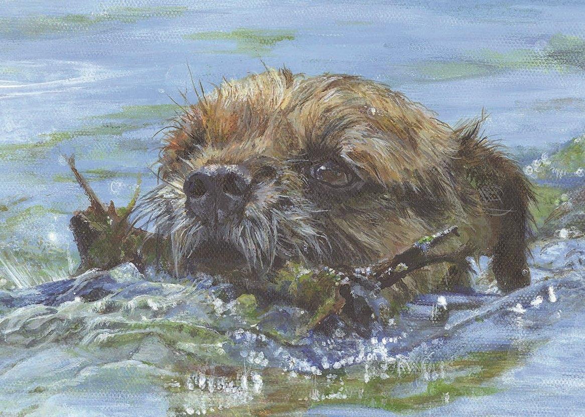 Terrier Dog Proudly Splashing Through the Water with a Stick in His Mouth - Realist Painting by Kait Ballantyne