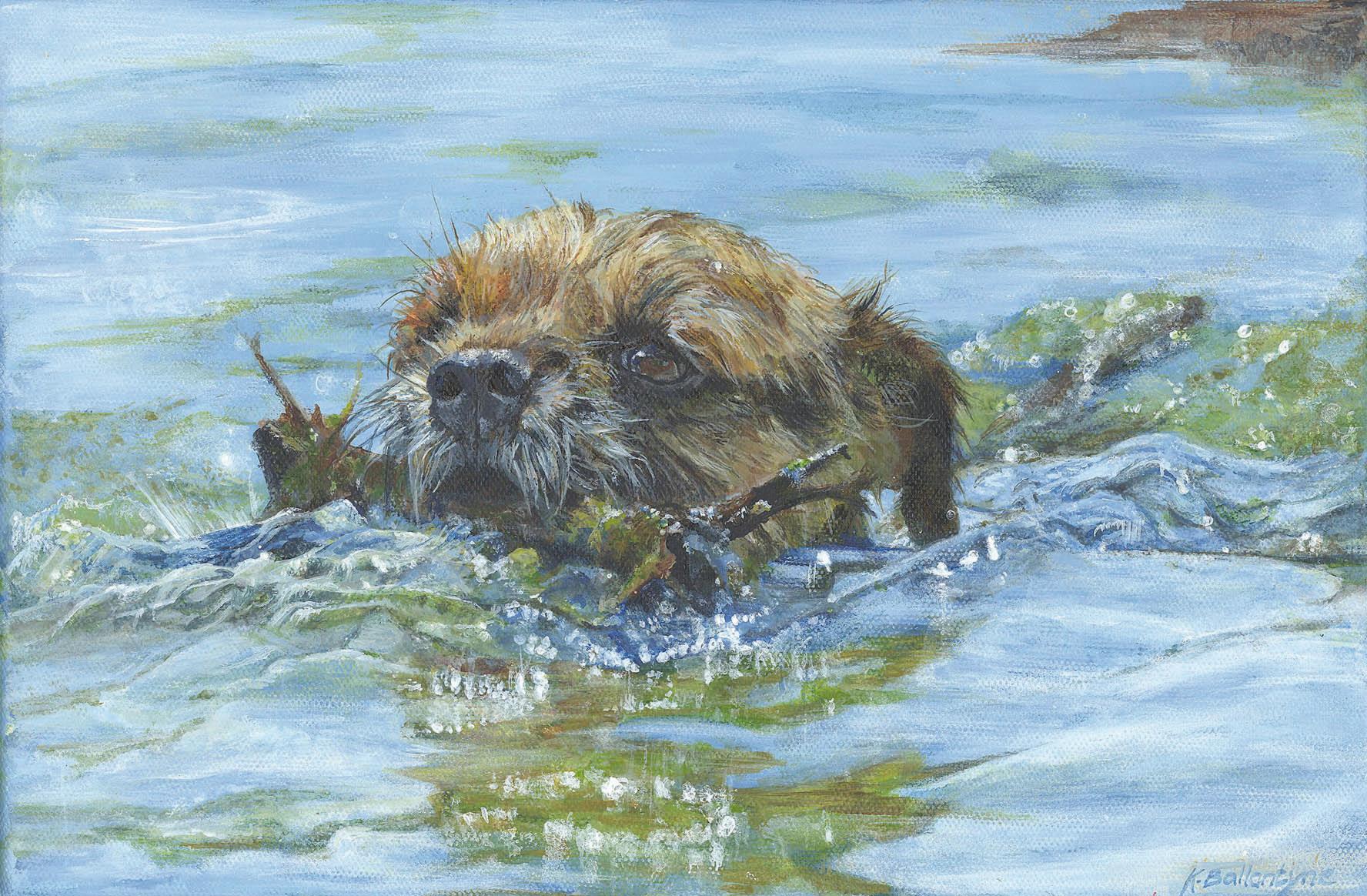 Kait Ballantyne Landscape Painting – Terrier-Hut, der stolz im Wasser schwimmt, mit einem Stick in seinem Mouth
