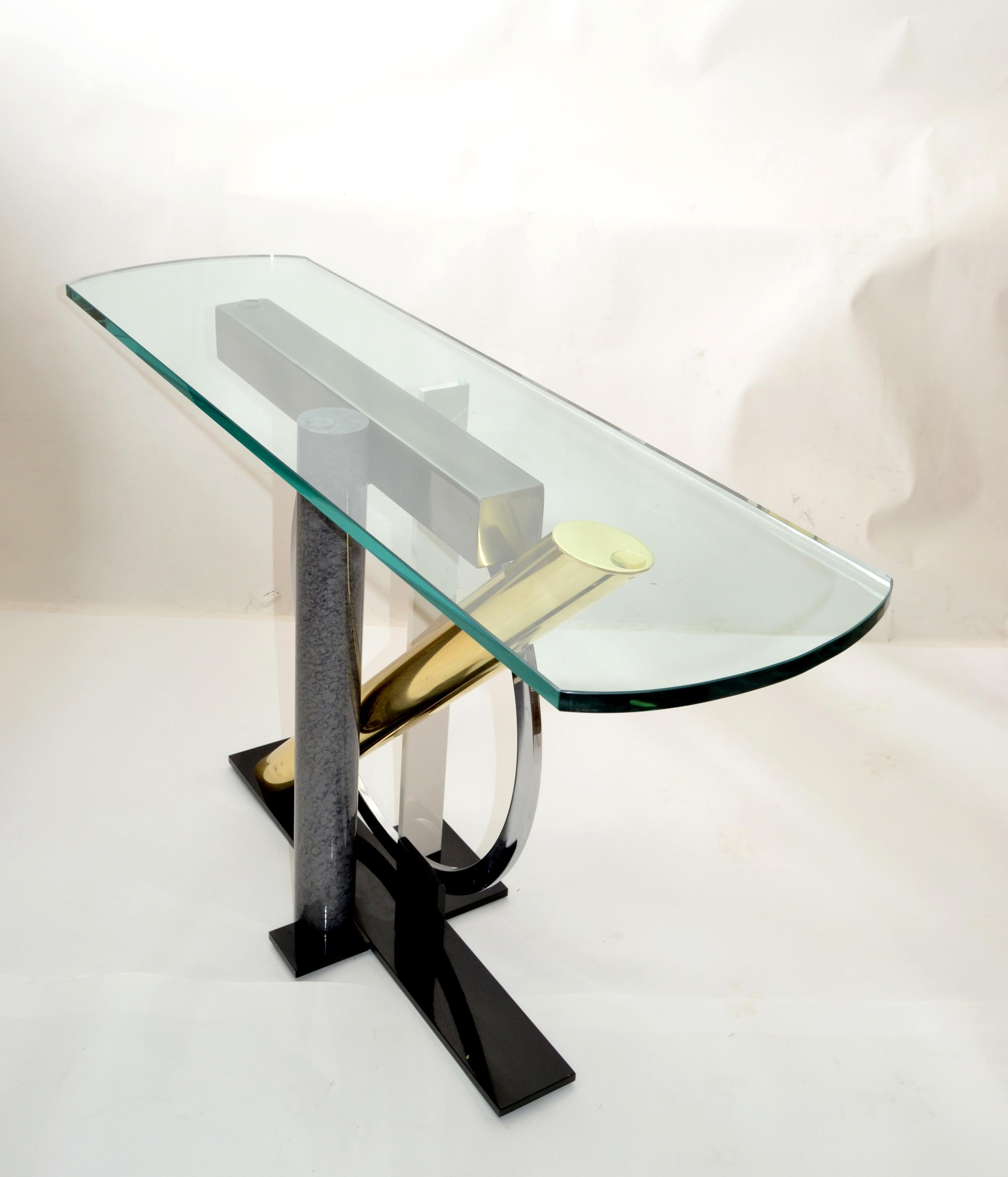 Kaizo Oto Design Institute of America console en verre, laiton, acier et chrome en vente 2