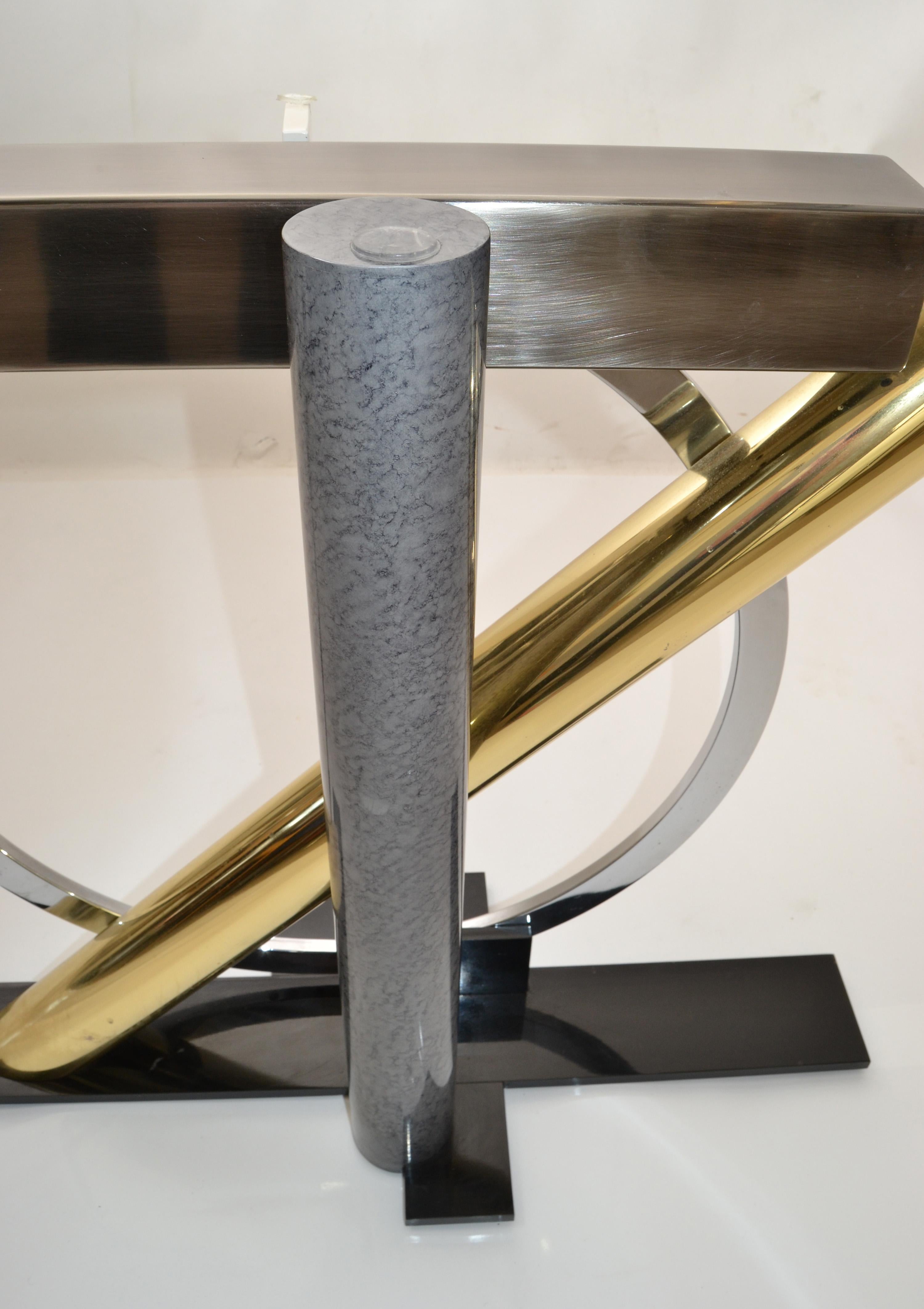 Aluminum Kaizo Oto Design Institute of America Console Glass Table Brass, Steel, Chrome For Sale
