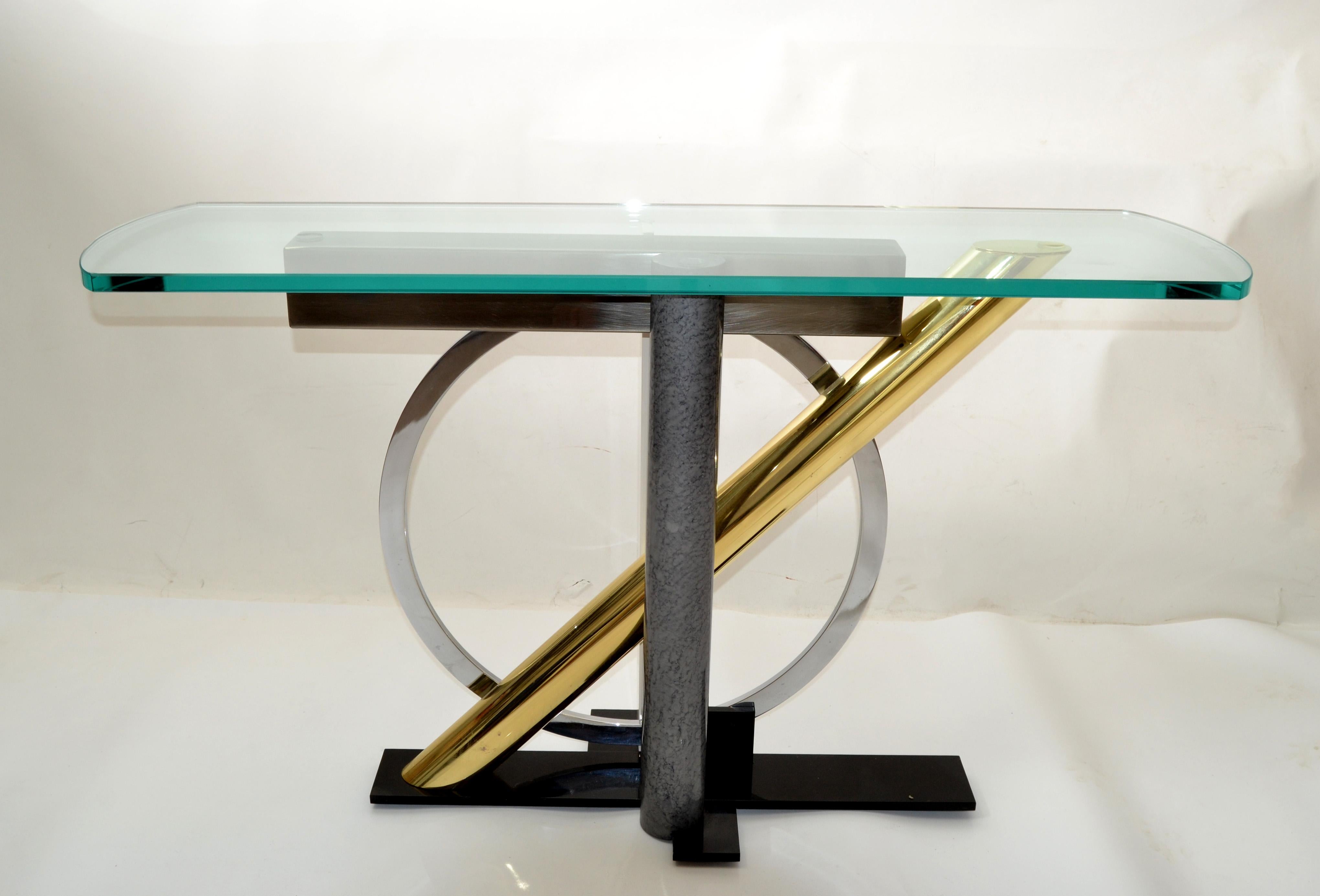 Kaizo Oto Design Institute of America Console Glass Table Brass, Steel, Chrome For Sale 1