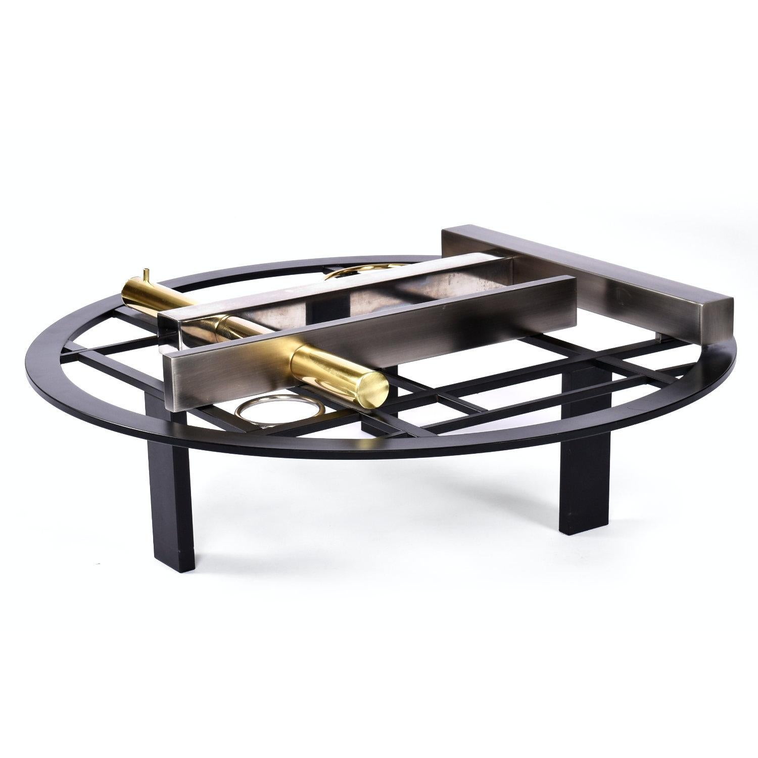 Kaizo Oto, Art déco-inspirierter Couchtisch mit runder Glasplatte, Gold, Schwarz und Stahl (amerikanisch) im Angebot