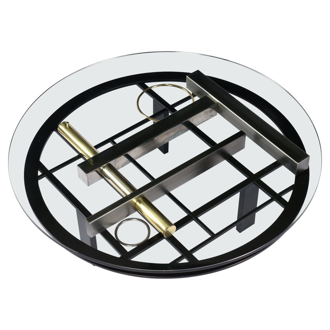 Kaizo Oto Gold Black And Steel Art Deco Inspired Round Glass Top Coffee Table For Sale