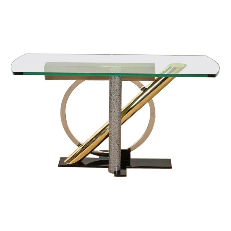 Kaizo Oto Postmodern Sculptural Steel and Brass Glass Top Console Table, 1980s