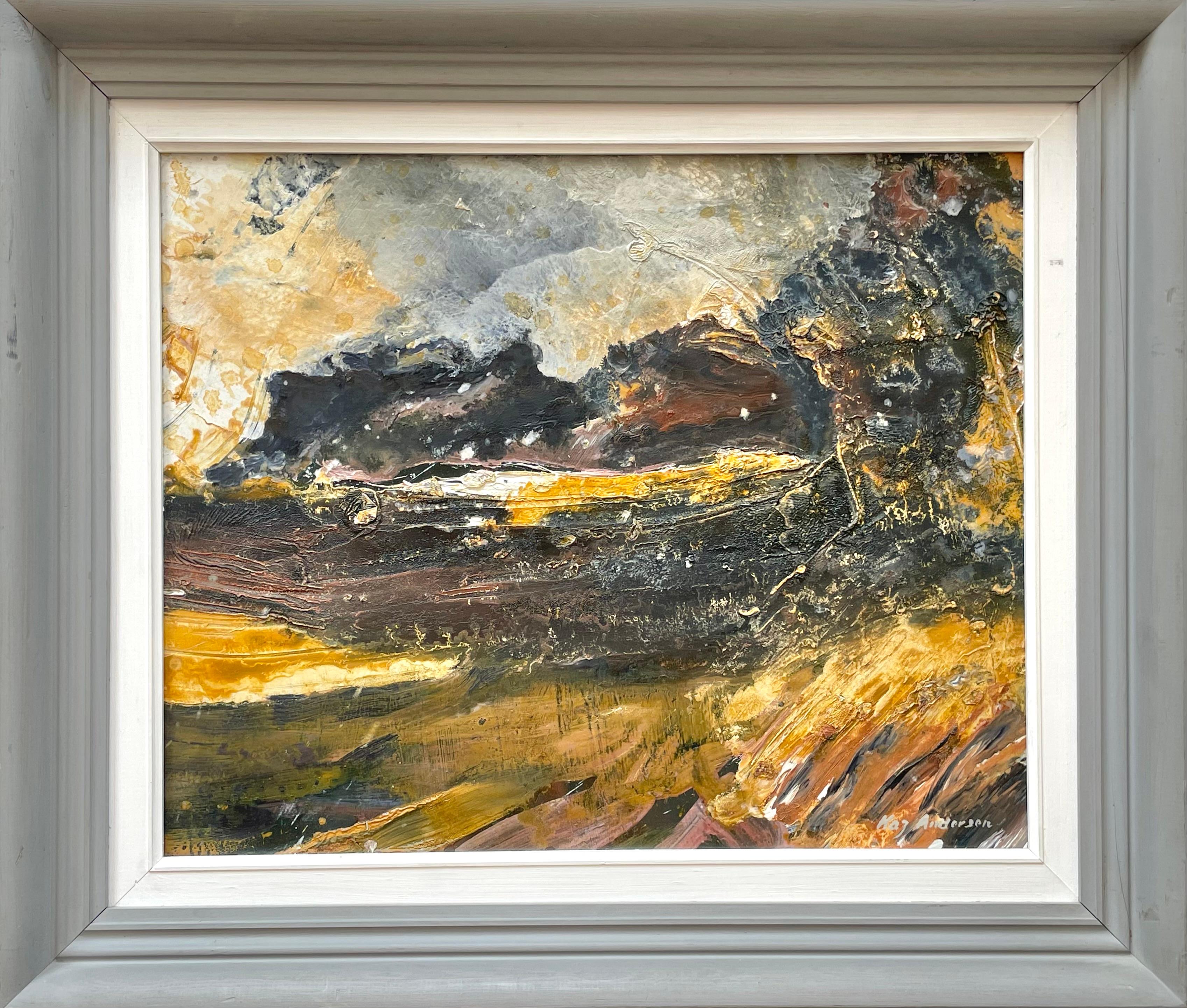 Großartiges Vintage-Ölgemälde im Impasto-Stil der Jahrhundertmitte mit kräftigen Pinselstrichen, schwerer Textur und dramatischen Farben, die von Gold, Schwarz, Braun und Grau dominiert werden.
Das Stück ist in der rechten unteren Ecke mit 