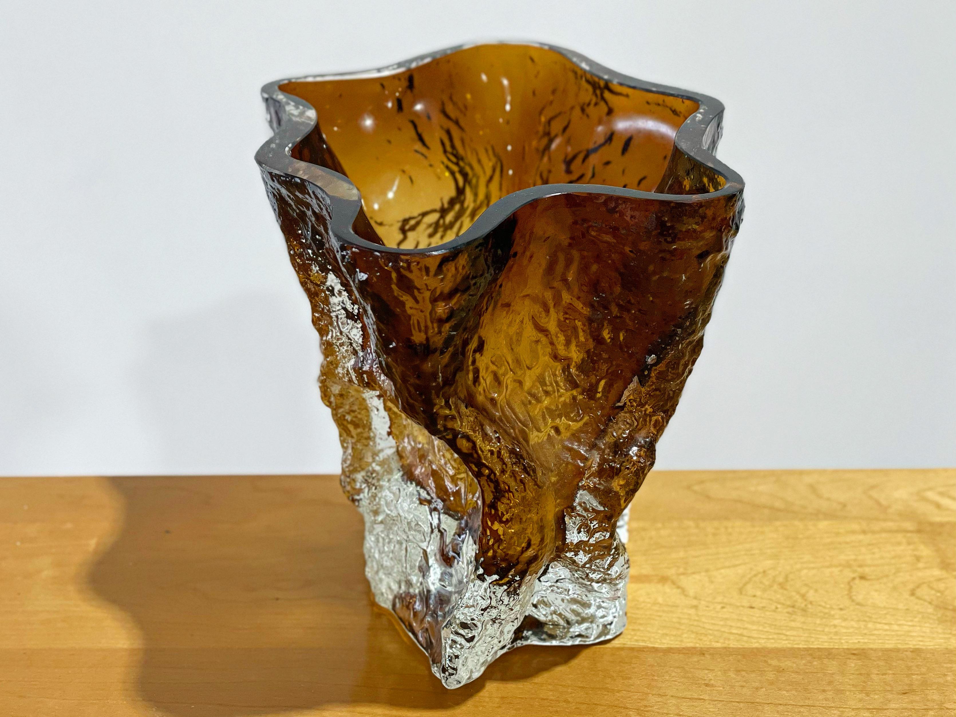 Brutalist Kaj Blomqvist Art Glass Vase, Modernist Scandinavian Studio Ice Glass Vessel