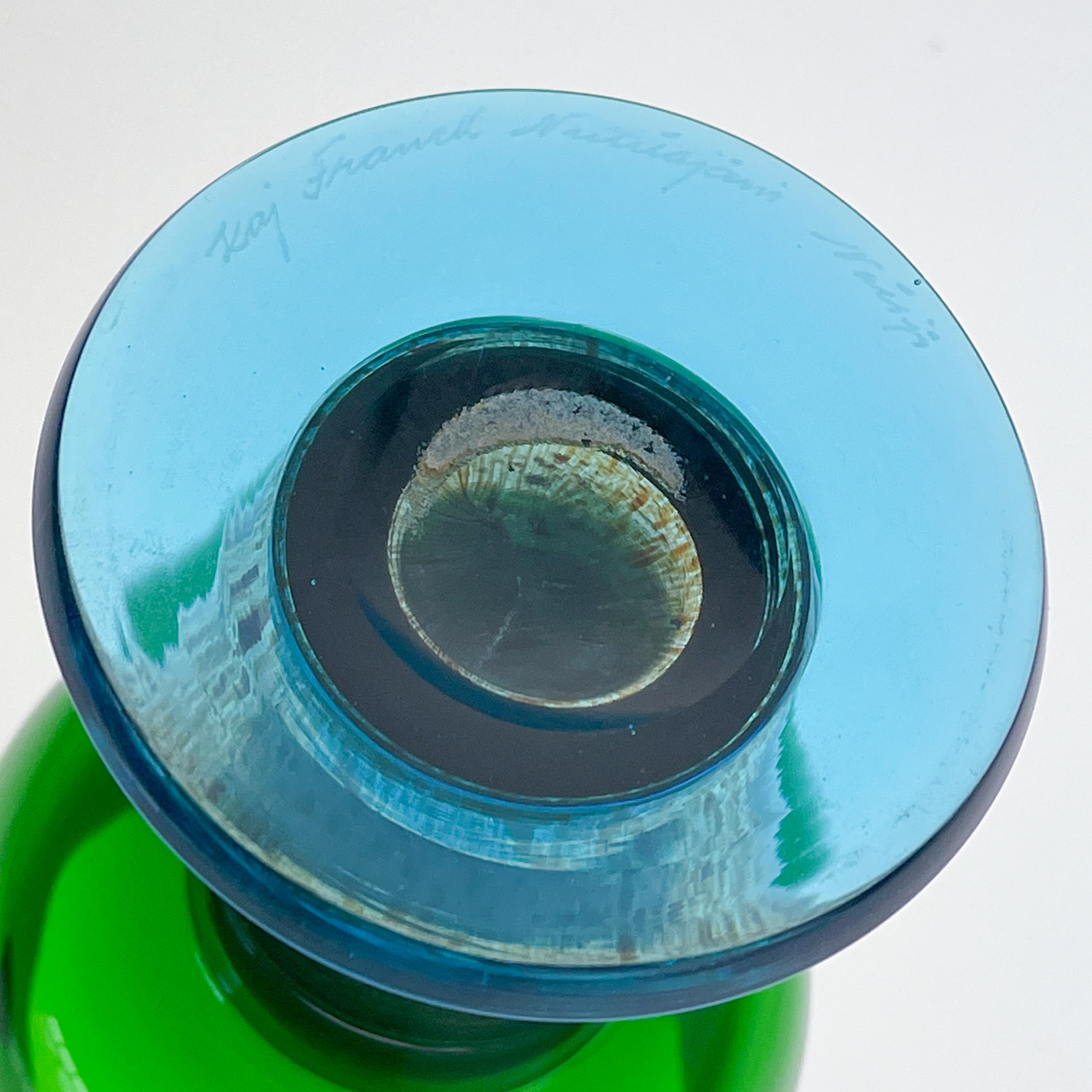 Scandinavian Modern Kaj Franck Glass Art-Object Trophy Handblown Green Blue  5