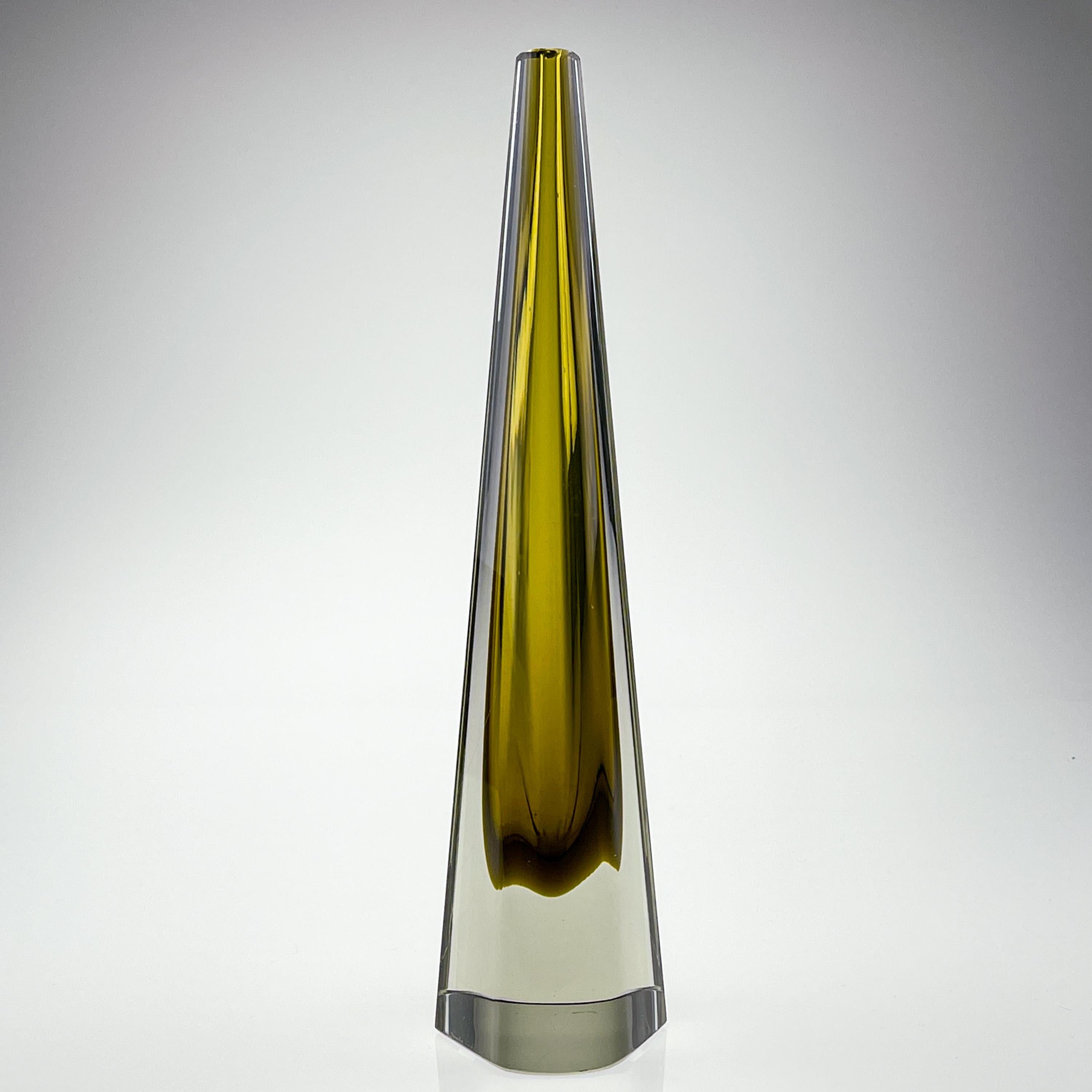 Hand-Crafted Mid Century Kaj Franck Clear Glass Artobject Obelisk Yellow Handblown Sculpture For Sale