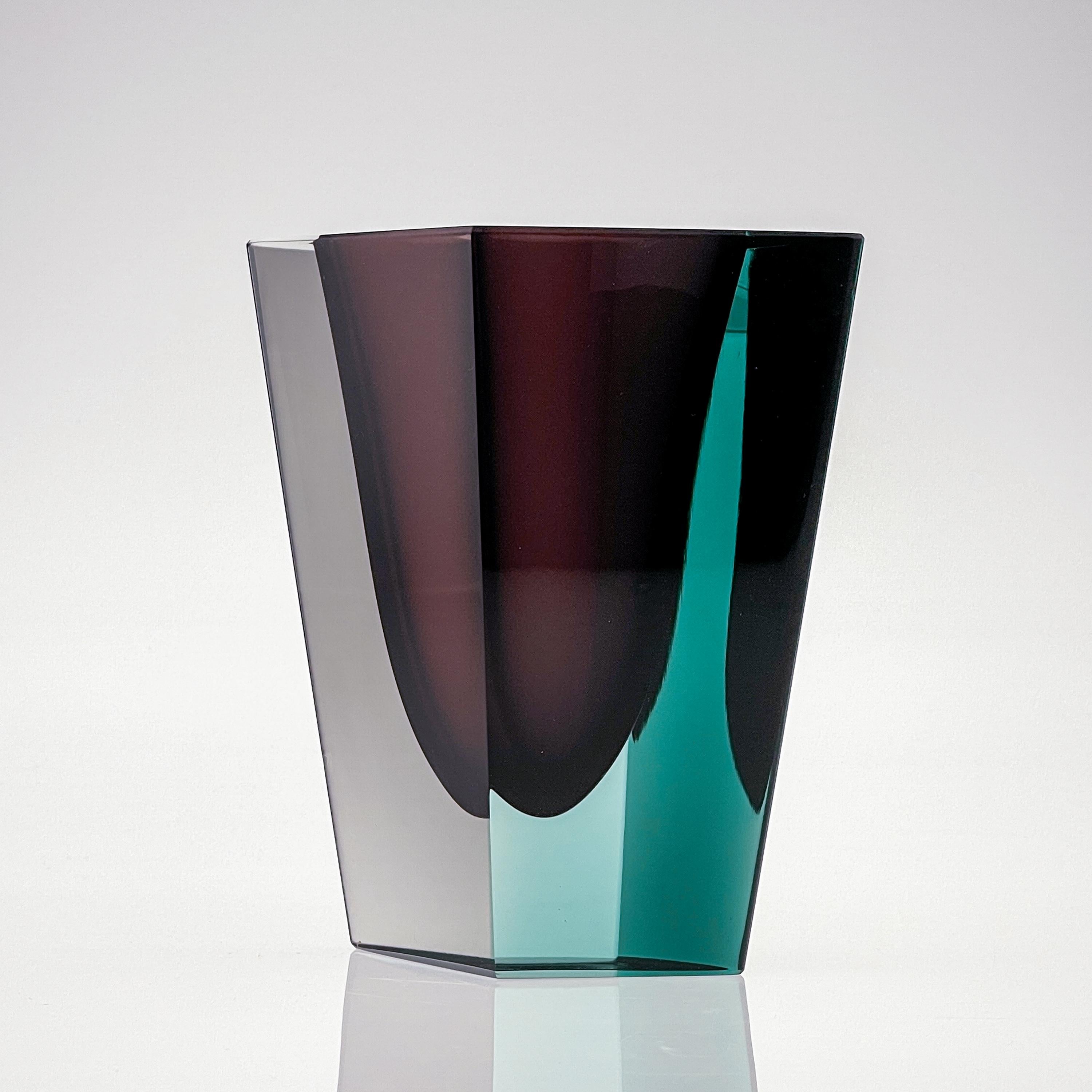 Scandinavian Modern Mid Century Kaj Franck Glass Art Vase Prisma Handblown Purple Turquoise 1957 For Sale