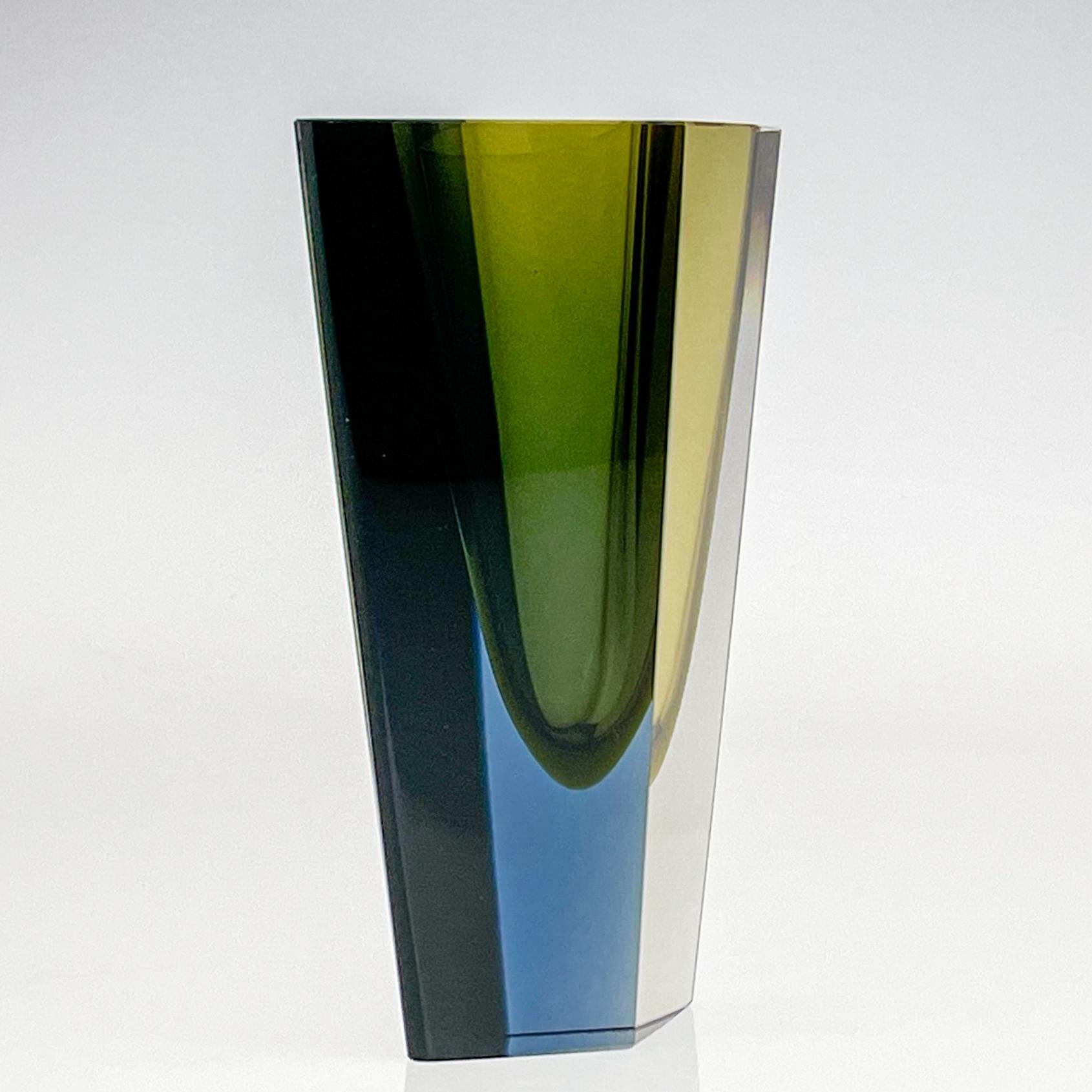Finnish Mid Century Kaj Franck Largest Size Glass Art Vase Prisma Yellow Blue Handblown