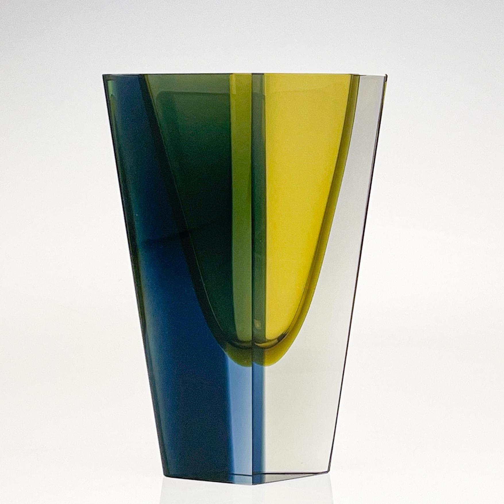 Etched Mid Century Kaj Franck Largest Size Glass Art Vase Prisma Yellow Blue Handblown