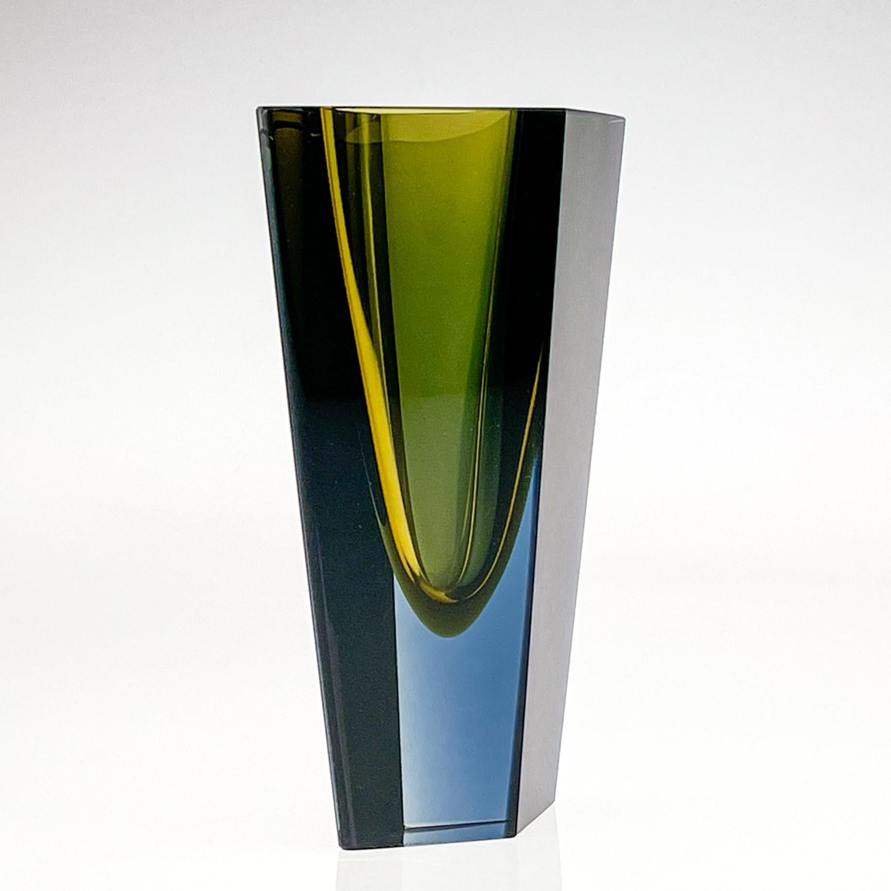 Mid Century Kaj Franck Largest Size Glass Art Vase Prisma Yellow Blue Handblown 1
