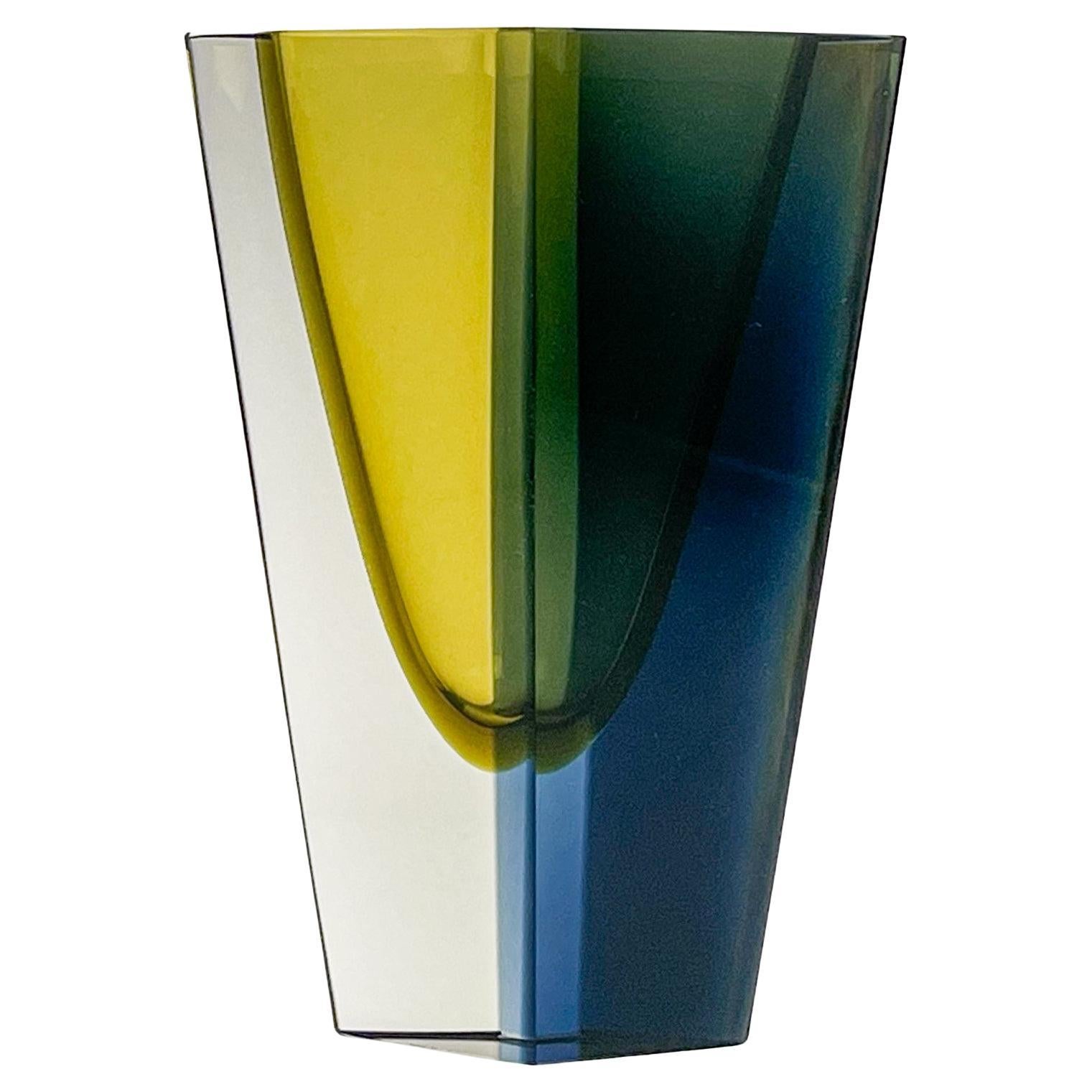 Mid Century Kaj Franck Largest Size Glass Art Vase Prisma Yellow Blue Handblown