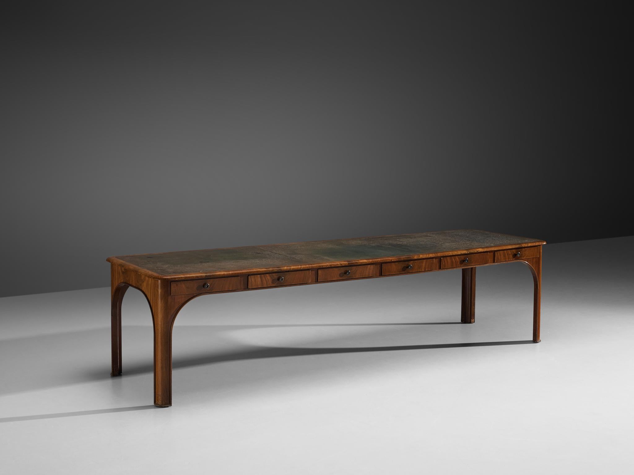 Niels August Theodor Kaj Gottlob, long dining or conference table with drawers, Caucasian nutwood, brass, leather, Denmark, 1920s

A very rare and exceptionally long library table designed by Kaj Gottlob (1887-1976), one of the most important Danish