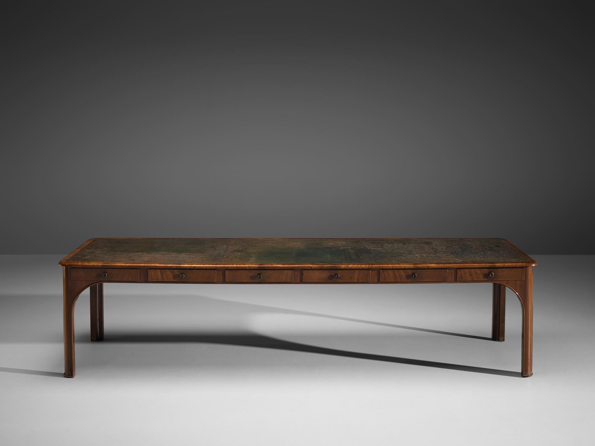 Danish Kaj Gottlob Long Dining Table with Drawers in Caucasian Nutwood, 1920s