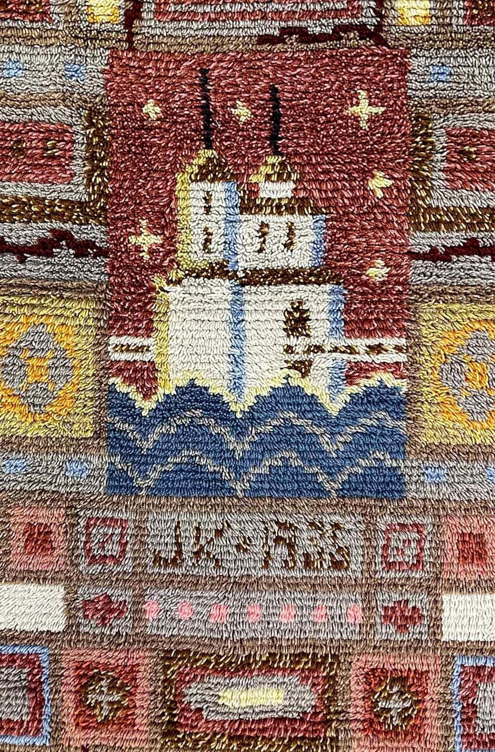 „Kajaani Schloss“, bedeutender Ryijy-Teppich im Art déco-Stil mit Wappen von Pia Katerma, Pia Katerma (Finnisch) im Angebot
