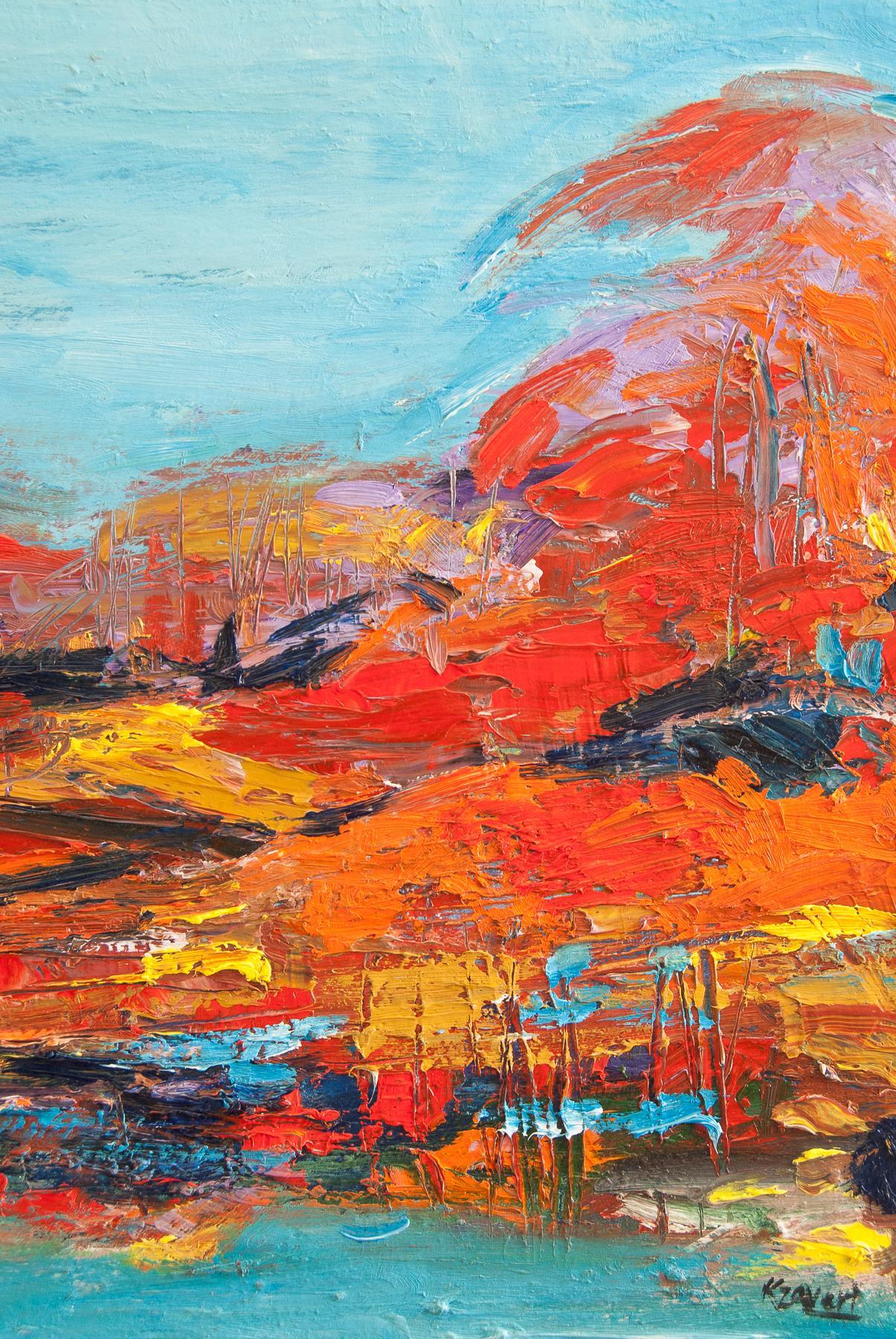 <p>Artist Comments<br>Artist Kajal Zaveri depicts a vibrant abstract landscape inspired by long walks in nature. She paints shades of yellow, orange, and red to create a sharp contrast against the clear blue sky. The cluster of trees bathed in warm