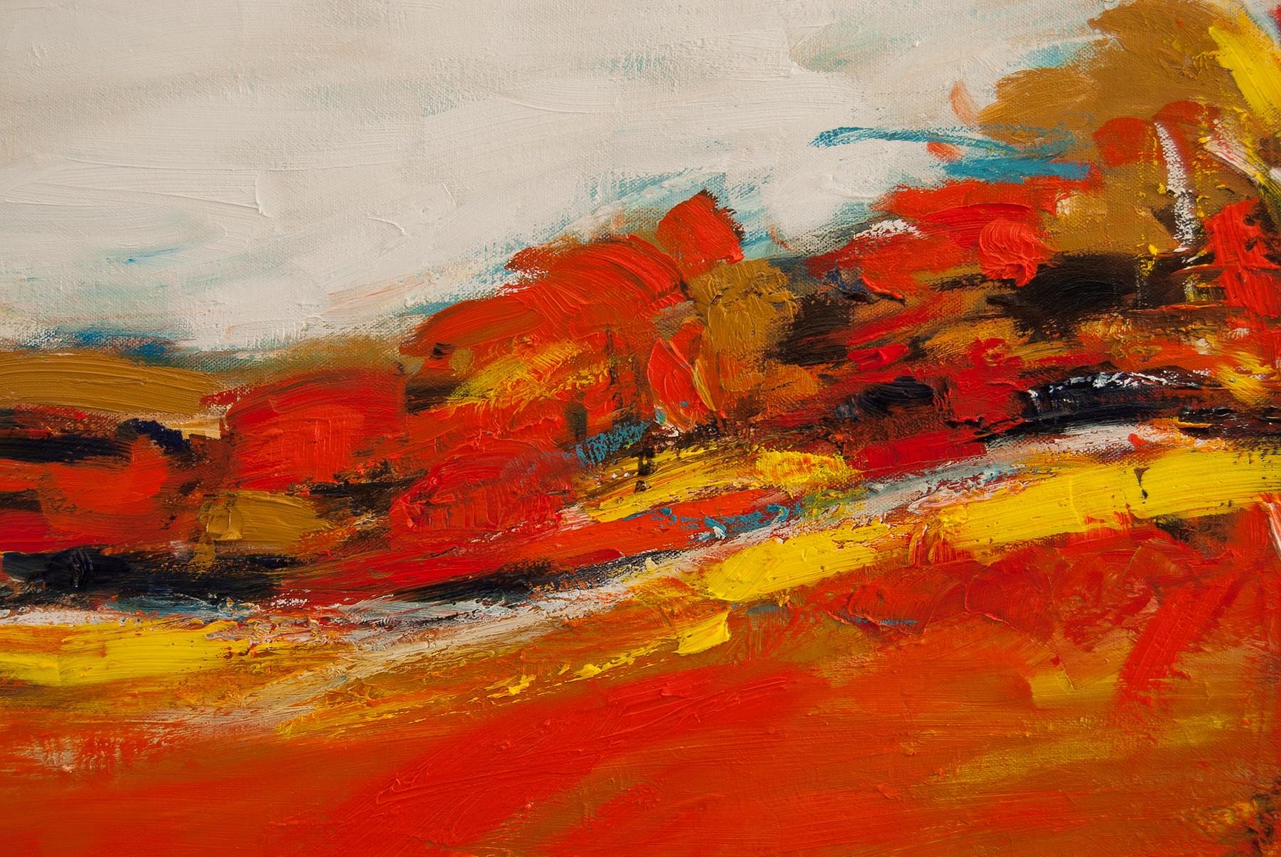 <p>Artist Comments<br>Artist Kajal Zaveri presents a vibrant abstract landscape with varying hues of fiery of orange. Inspired by the changing colors of the fall season, Kajal replicates them on the canvas. She expresses the autumnal sunset in