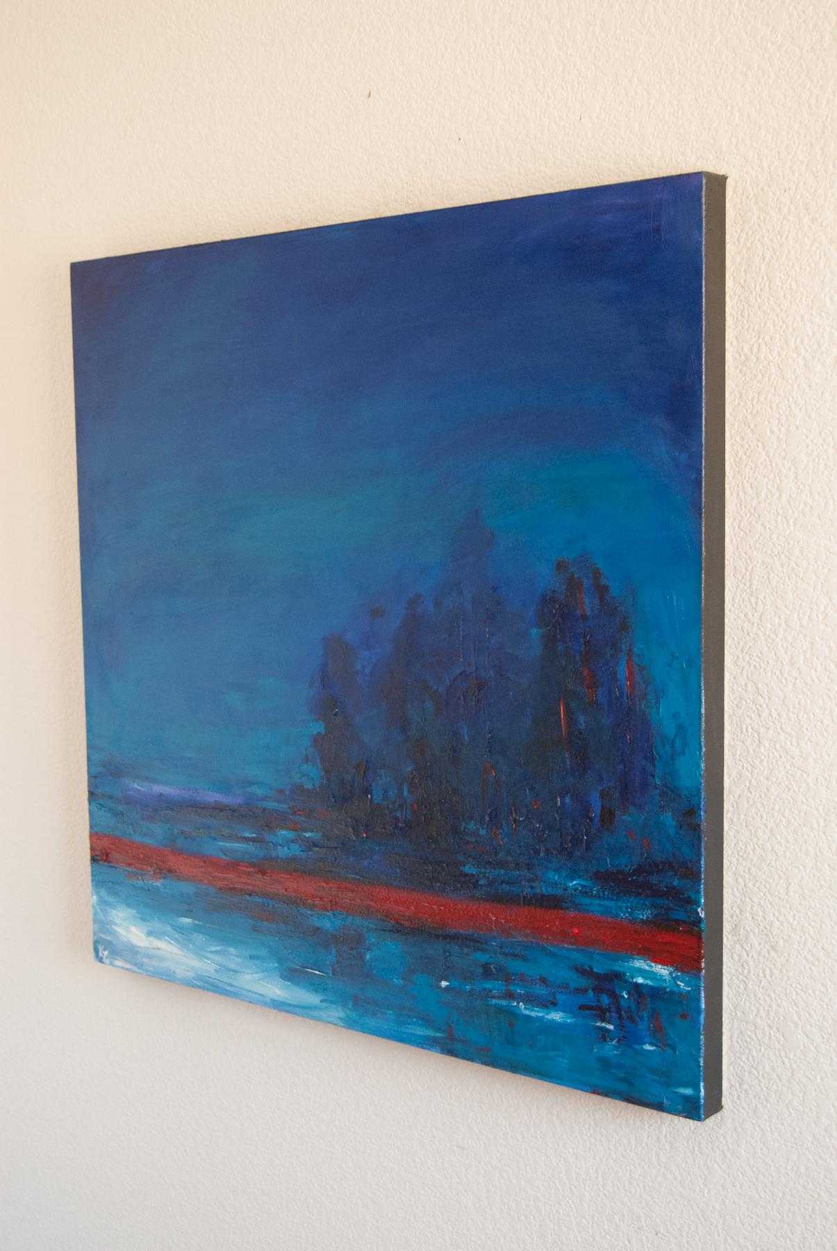 <p>Artist Comments<br>The scene captures a calm sea, echoing the quiet of the night. In the distance, an islet with towering trees seamlessly blends with the colors of the sky and water. A red streak pierces the predominantly blue scene, adding a