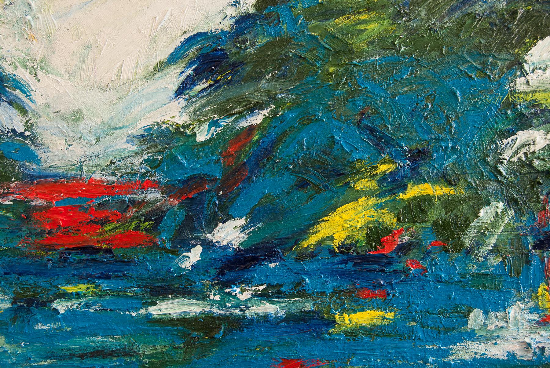Lungolago, Pittura a olio astratta - Abstract Painting Blu di Kajal Zaveri