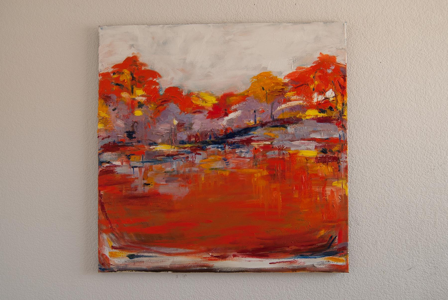 <p>Artist Comments<br>Artist Kajal Zaveri paints a vibrant abstract landscape inspired by changing seasons and the onset of fall. She draws inspiration from her trip to New York during the temperate season. The various red and orange hues of the