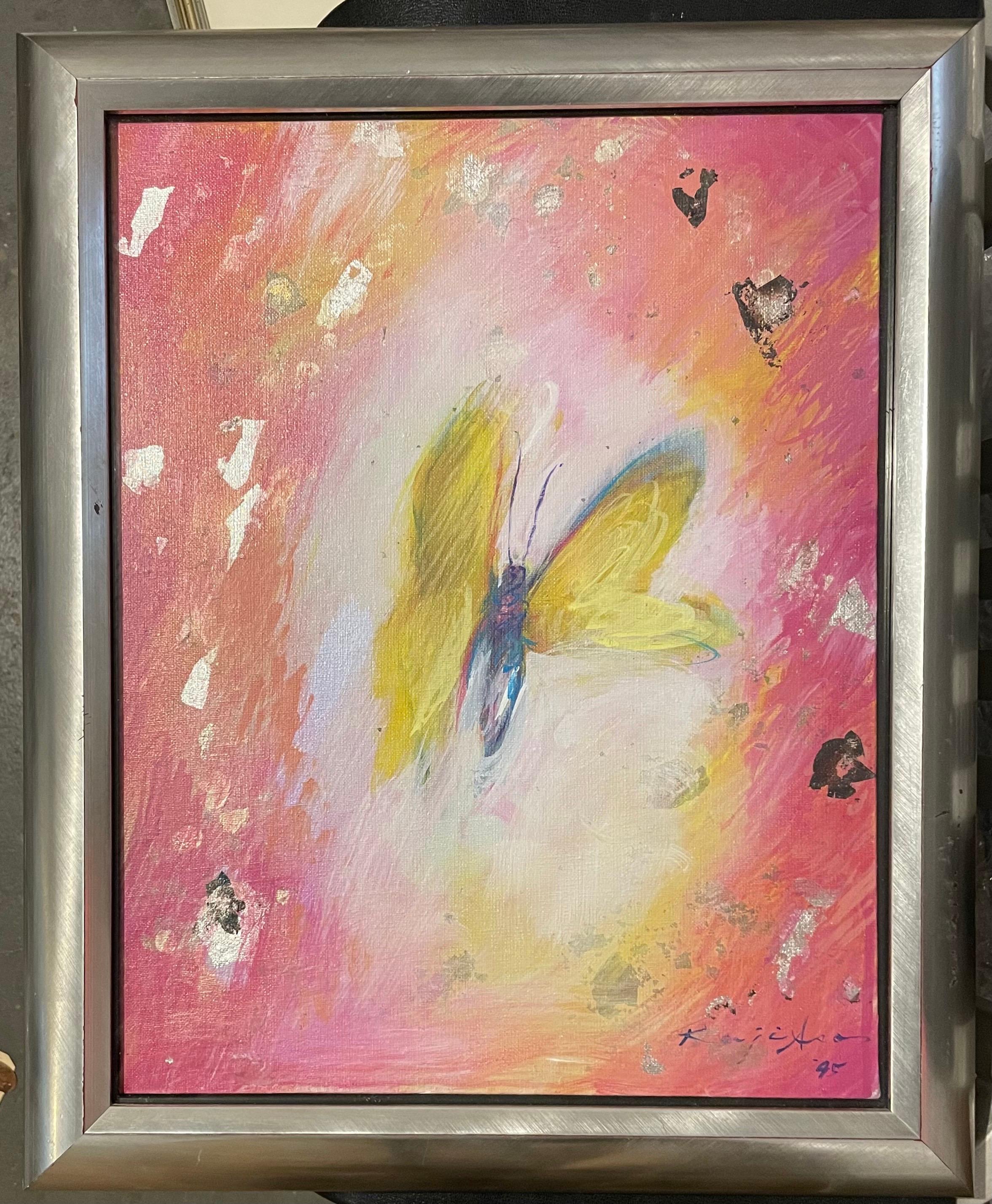 Japanese American Haiku Master Kaji Aso Fauvist Silver Leaf Butterfly Painting 1