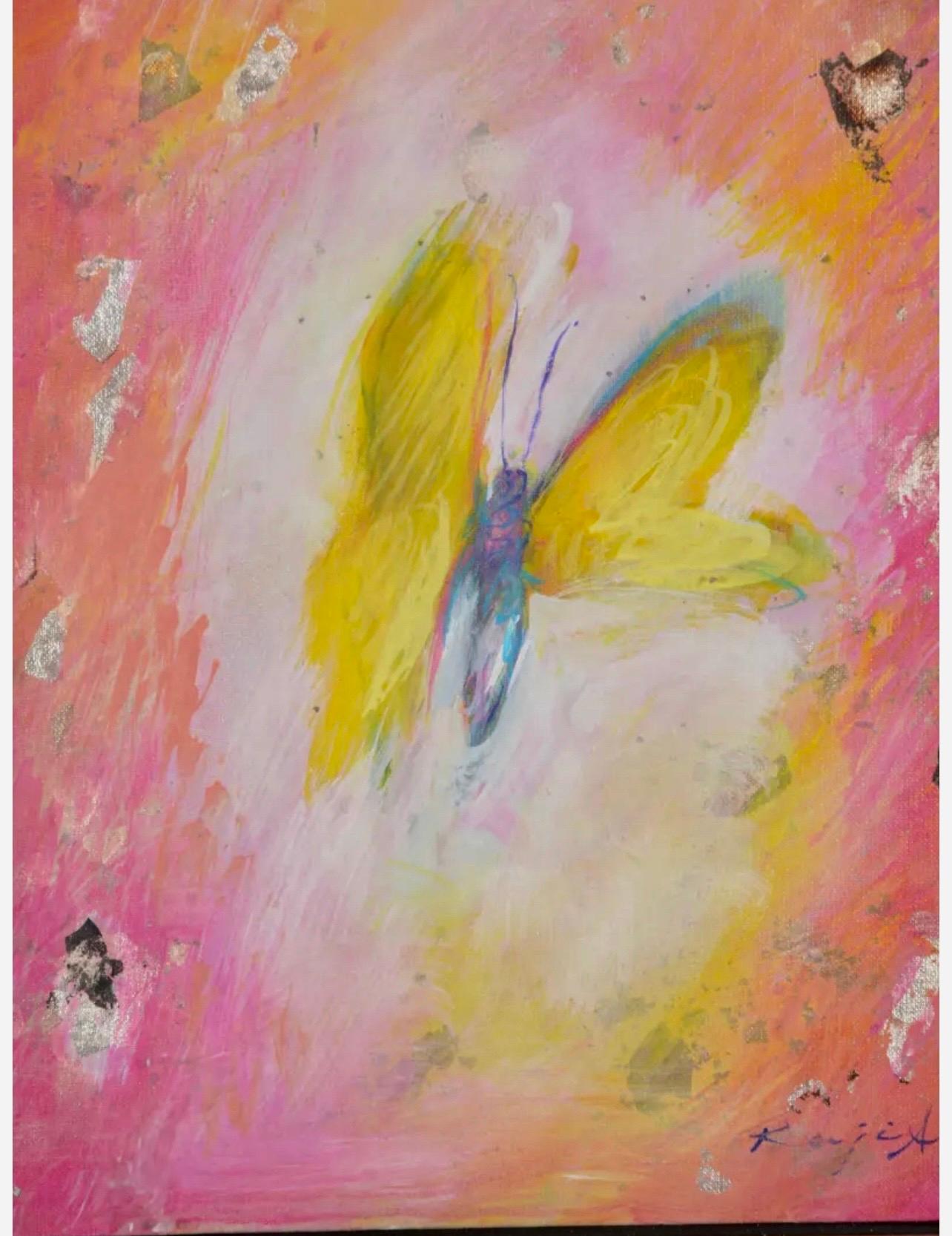 Japanese American Haiku Master Kaji Aso Fauvist Silver Leaf Butterfly Painting 5