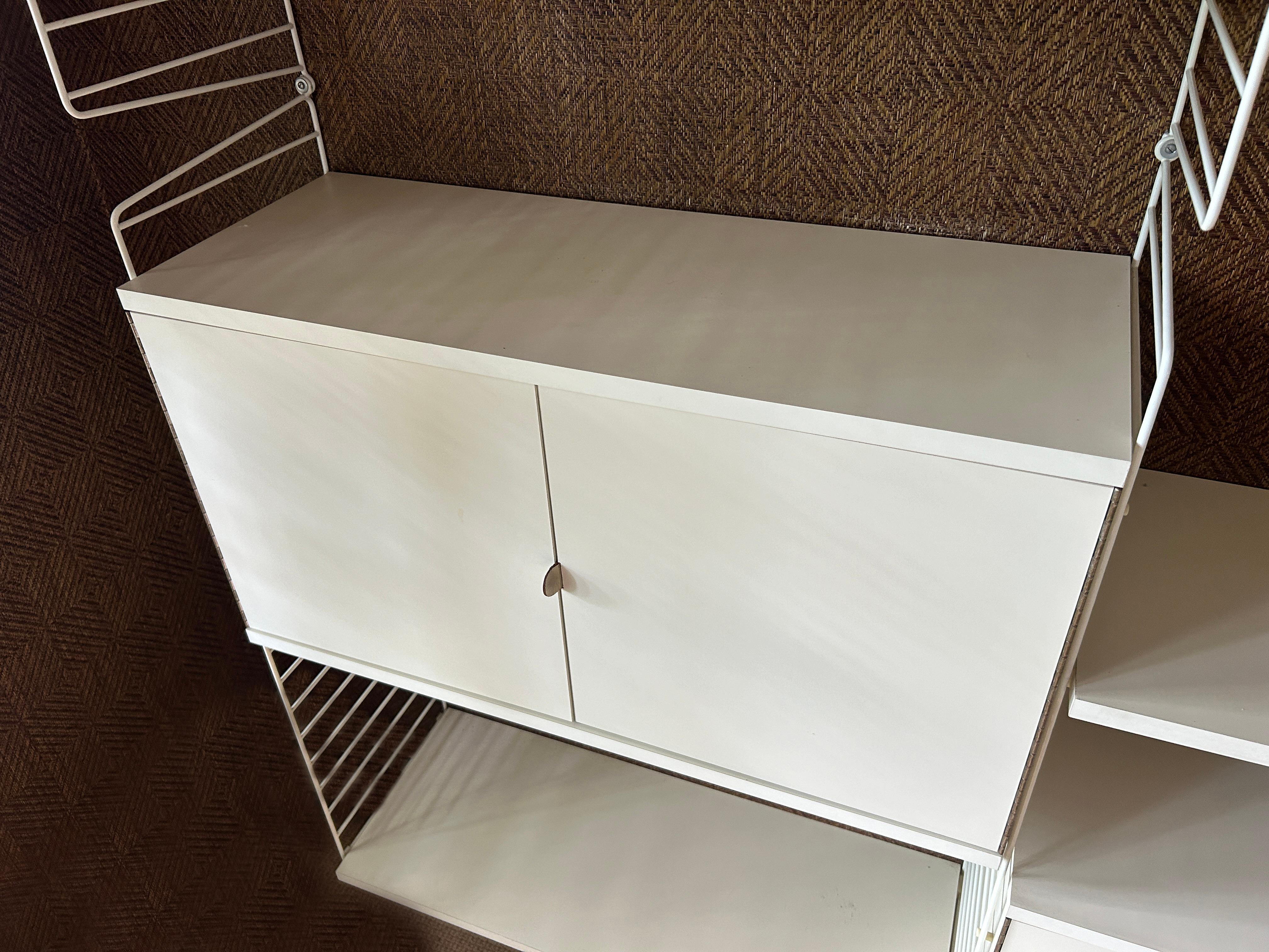 Metalwork Kajsa & Nisse Strinning White Laminate 4 bay String wire wall shelf unit Sweden For Sale