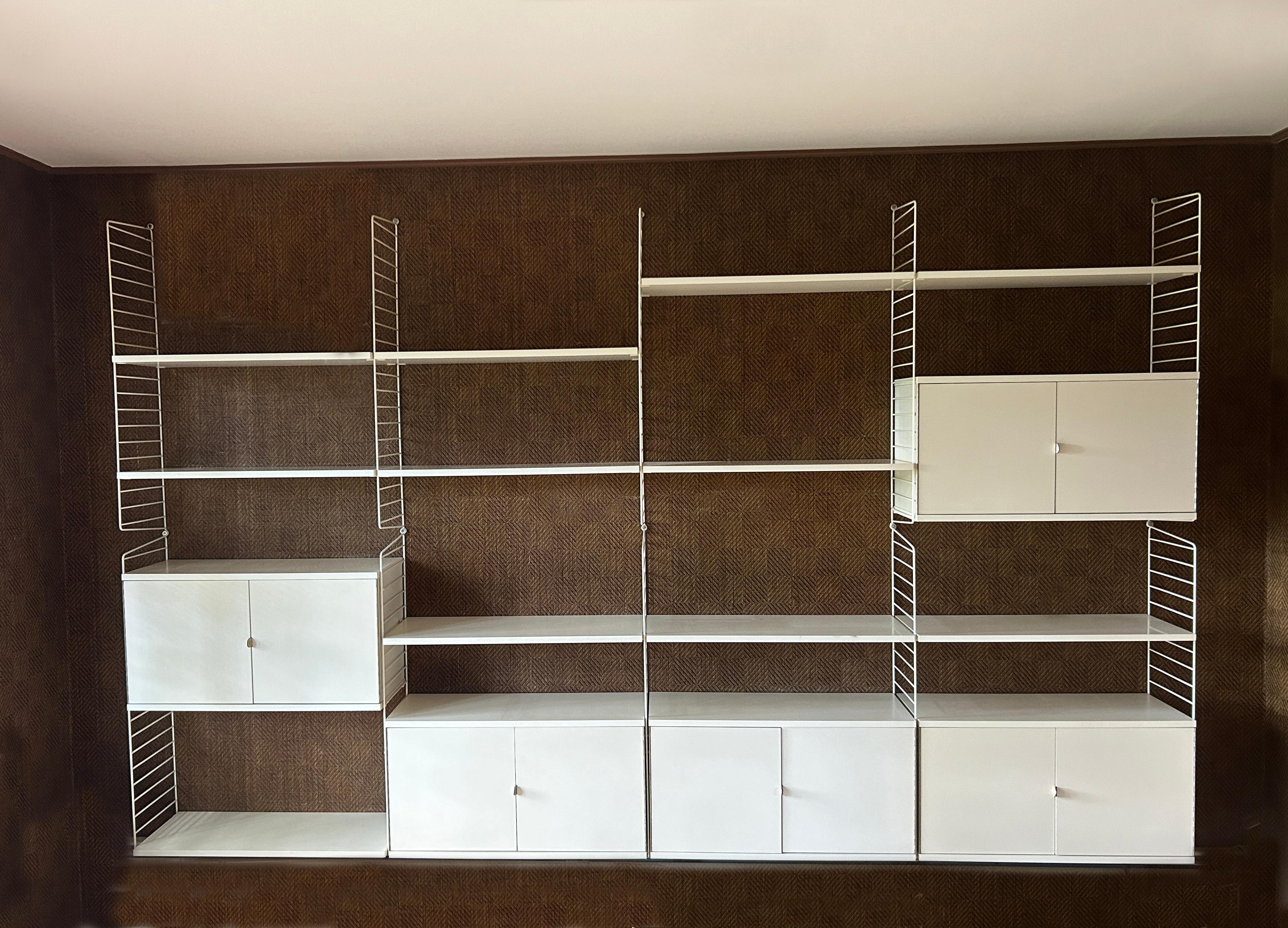 Metal Kajsa & Nisse Strinning White Laminate 4 bay String wire wall shelf unit Sweden For Sale