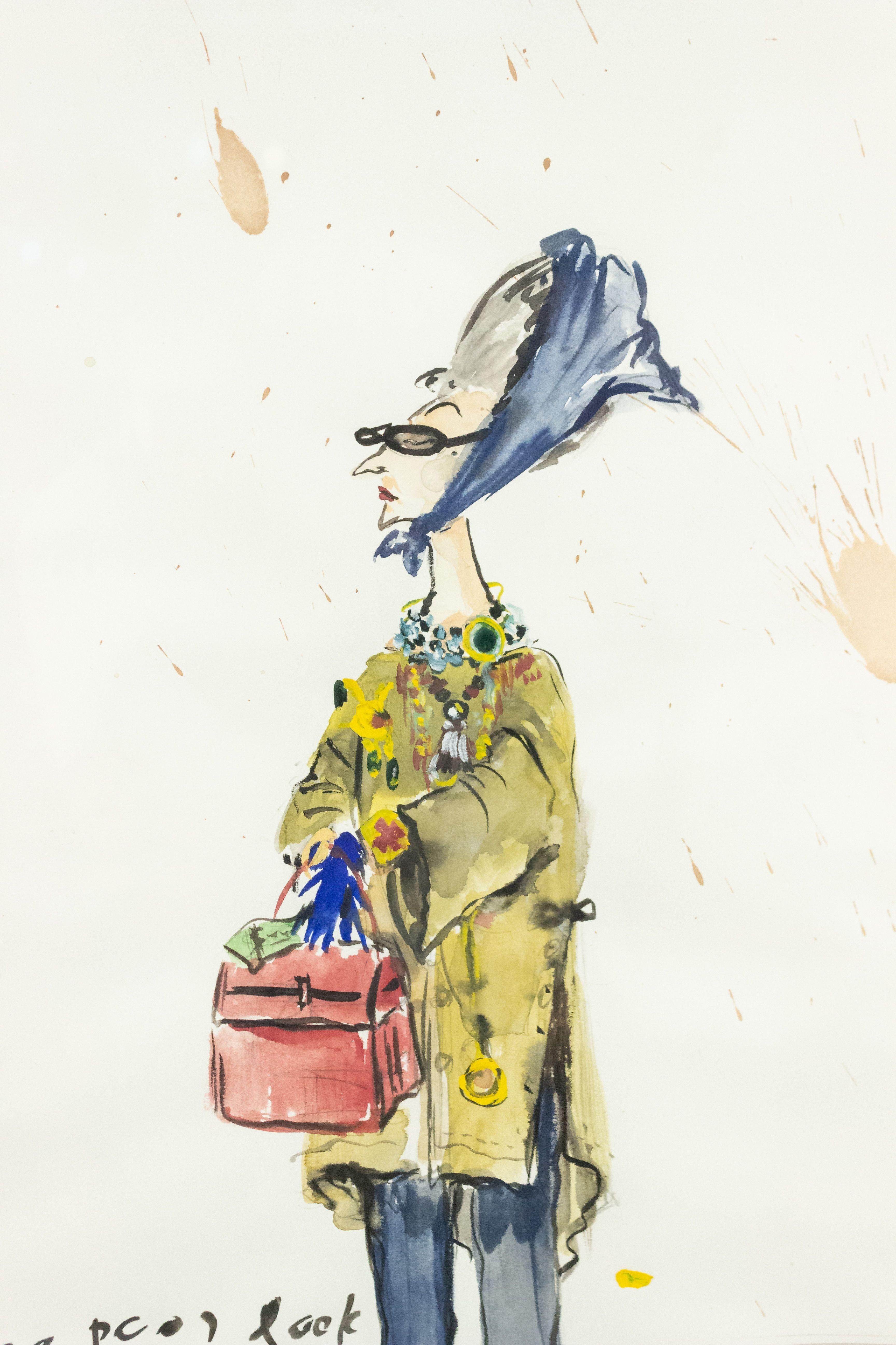 Gouache su carta di una donna stilizzata che indossa pantaloni e giacca gialla e tiene in mano un libro tascabile rosso di Konstantin Kakanias, firmata con iniziali in basso a destra, intitolata 