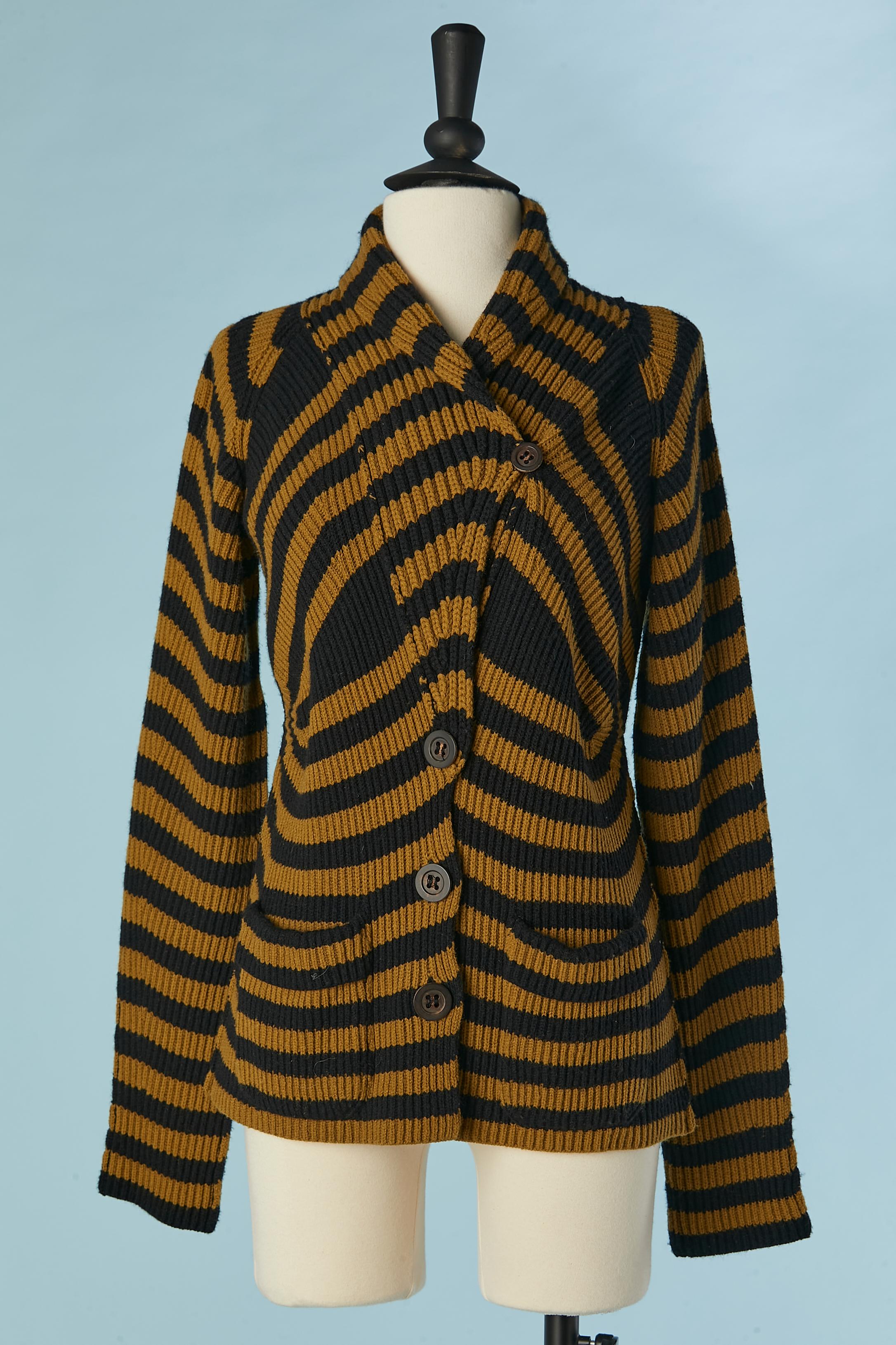 Kaki and black striped wool and cashmere cardigan with scarf Sonia Rykiel  In Excellent Condition For Sale In Saint-Ouen-Sur-Seine, FR
