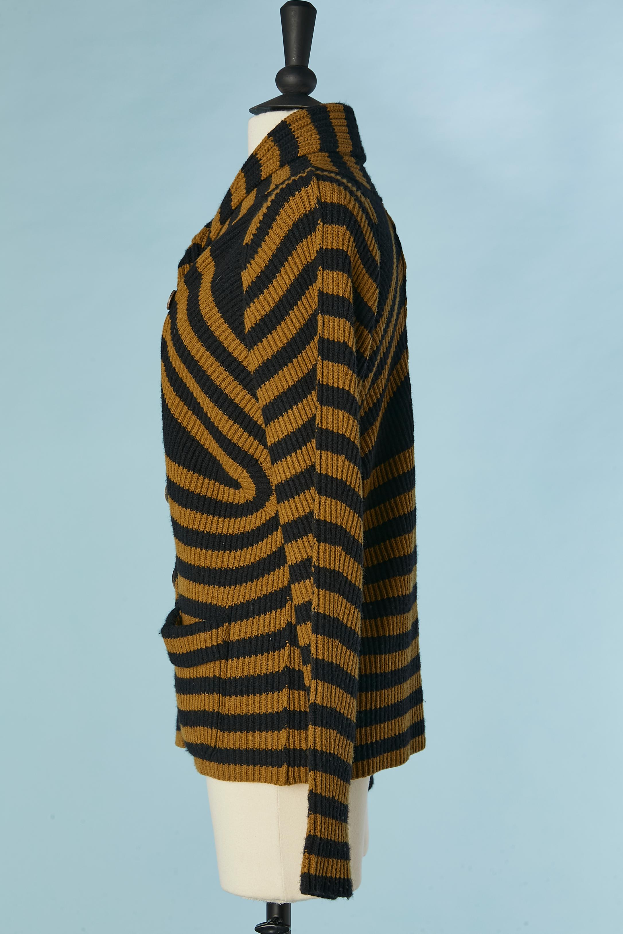 Kaki and black striped wool and cashmere cardigan with scarf Sonia Rykiel  For Sale 2