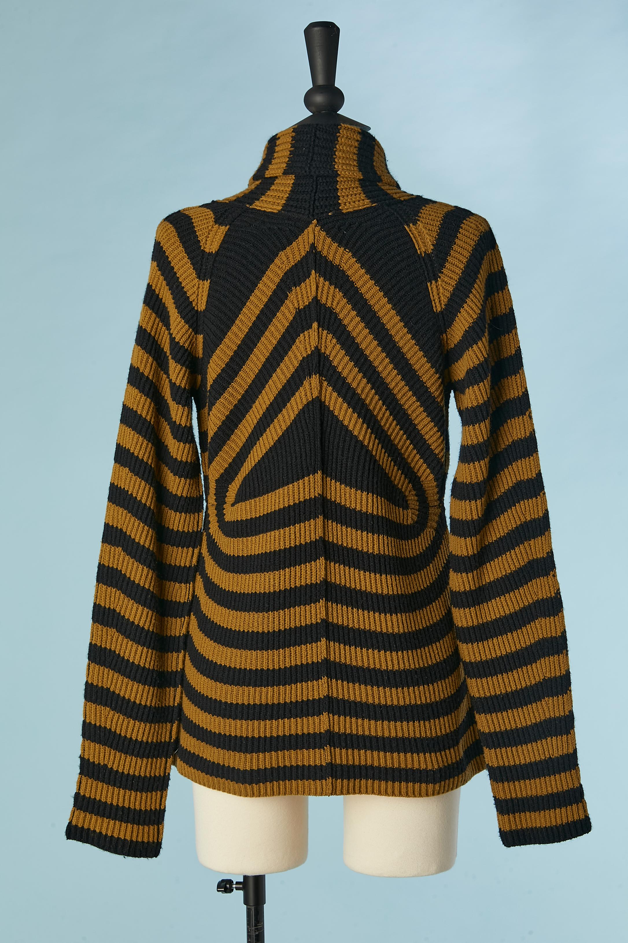Kaki and black striped wool and cashmere cardigan with scarf Sonia Rykiel  For Sale 3