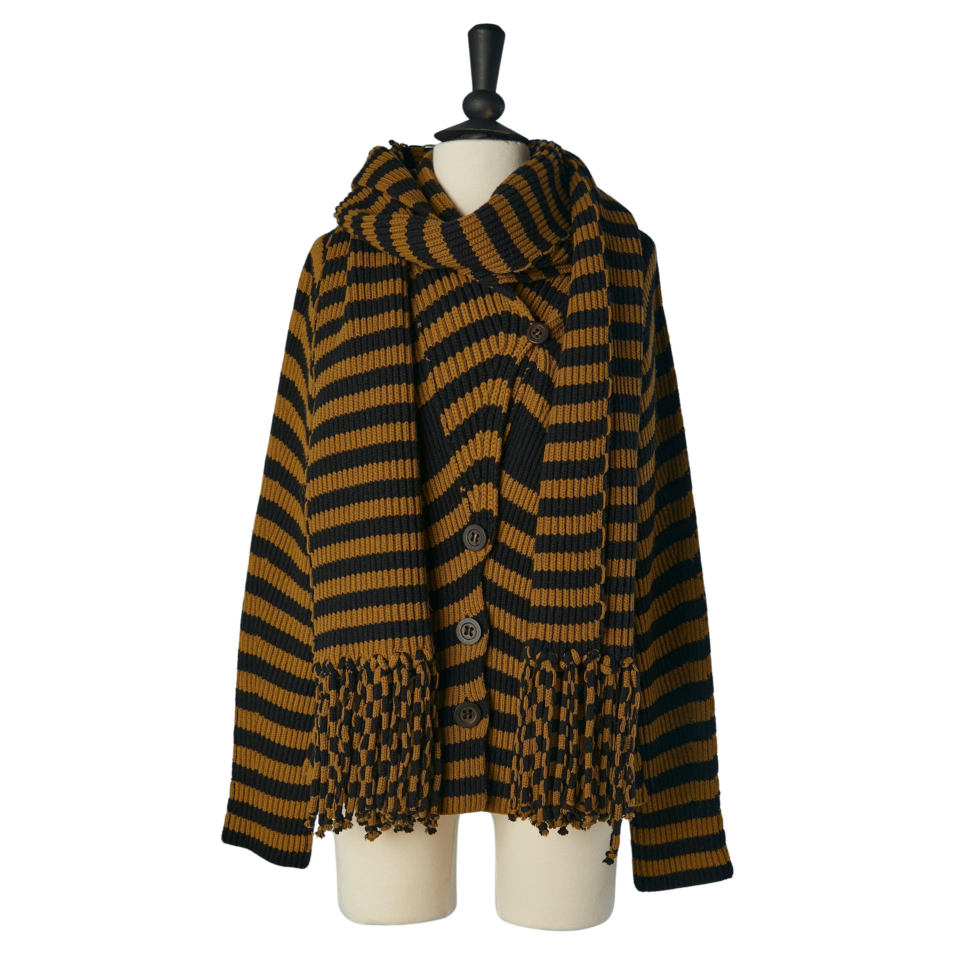 Kaki and black striped wool and cashmere cardigan with scarf Sonia Rykiel  For Sale
