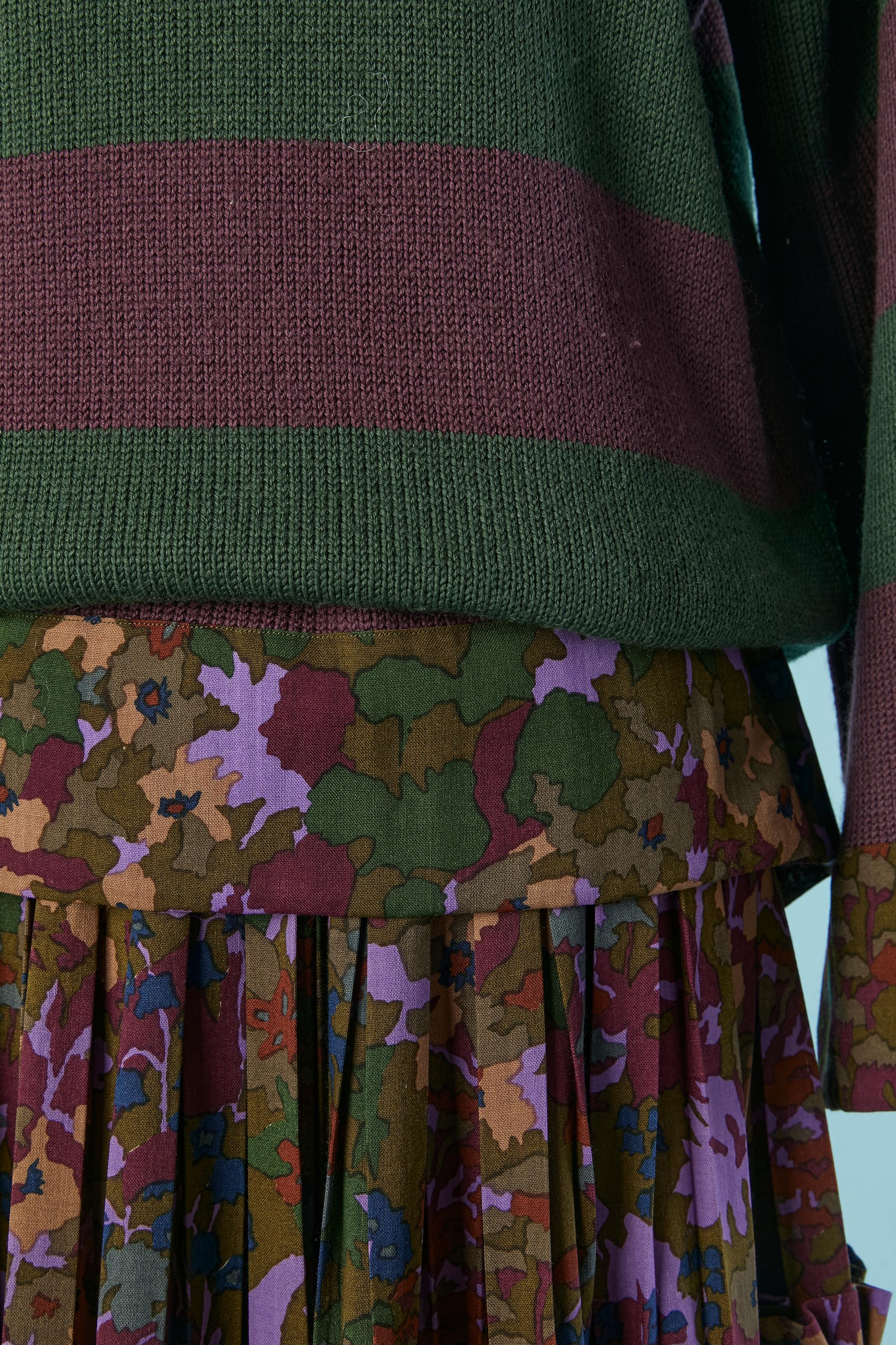 Nero Maglione color kaki e viola e gonna in lana stampata LANVIN in vendita