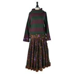 Kaki and purple sweater and wool printed skirt ensemble LANVIN