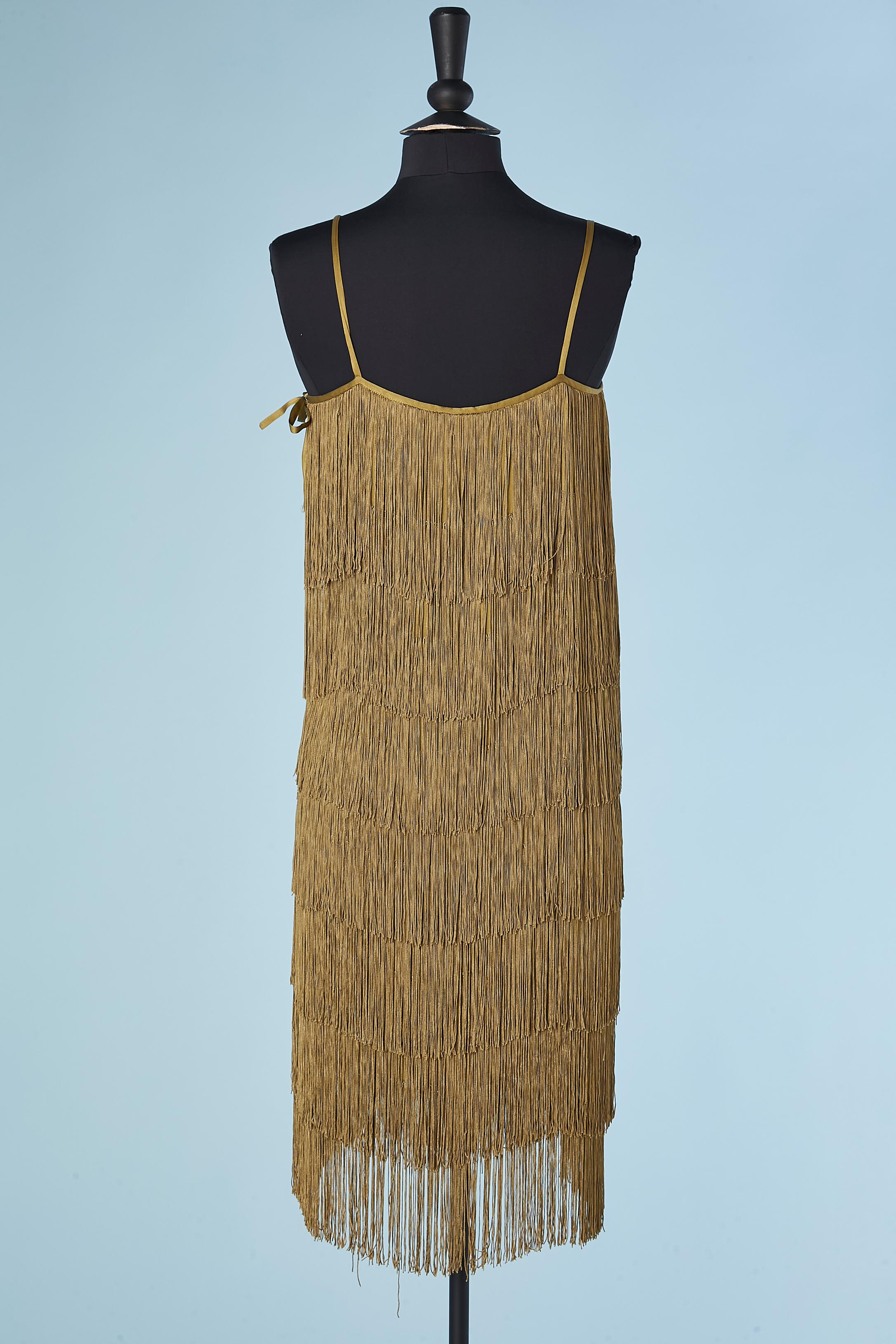 Women's Kaki cocktail dress with silk threads fringes Angelo Tarlazzi Circa 1980's 