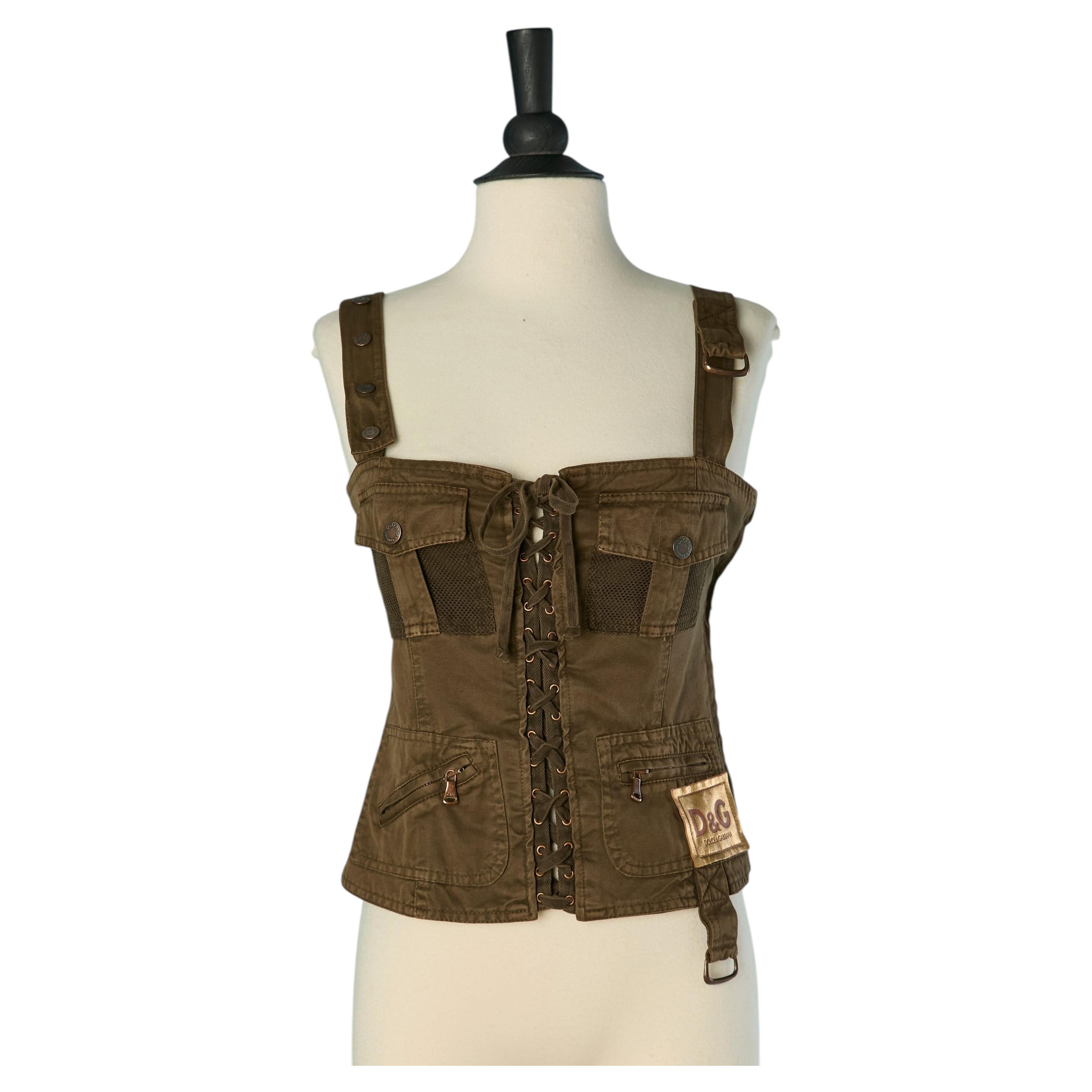 Kaki cotton bustier top with laces D&G by DOLCE & GABBANA For Sale