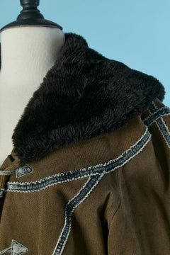 Kaki cotton single breasted jacket with faux fur edge KENZO