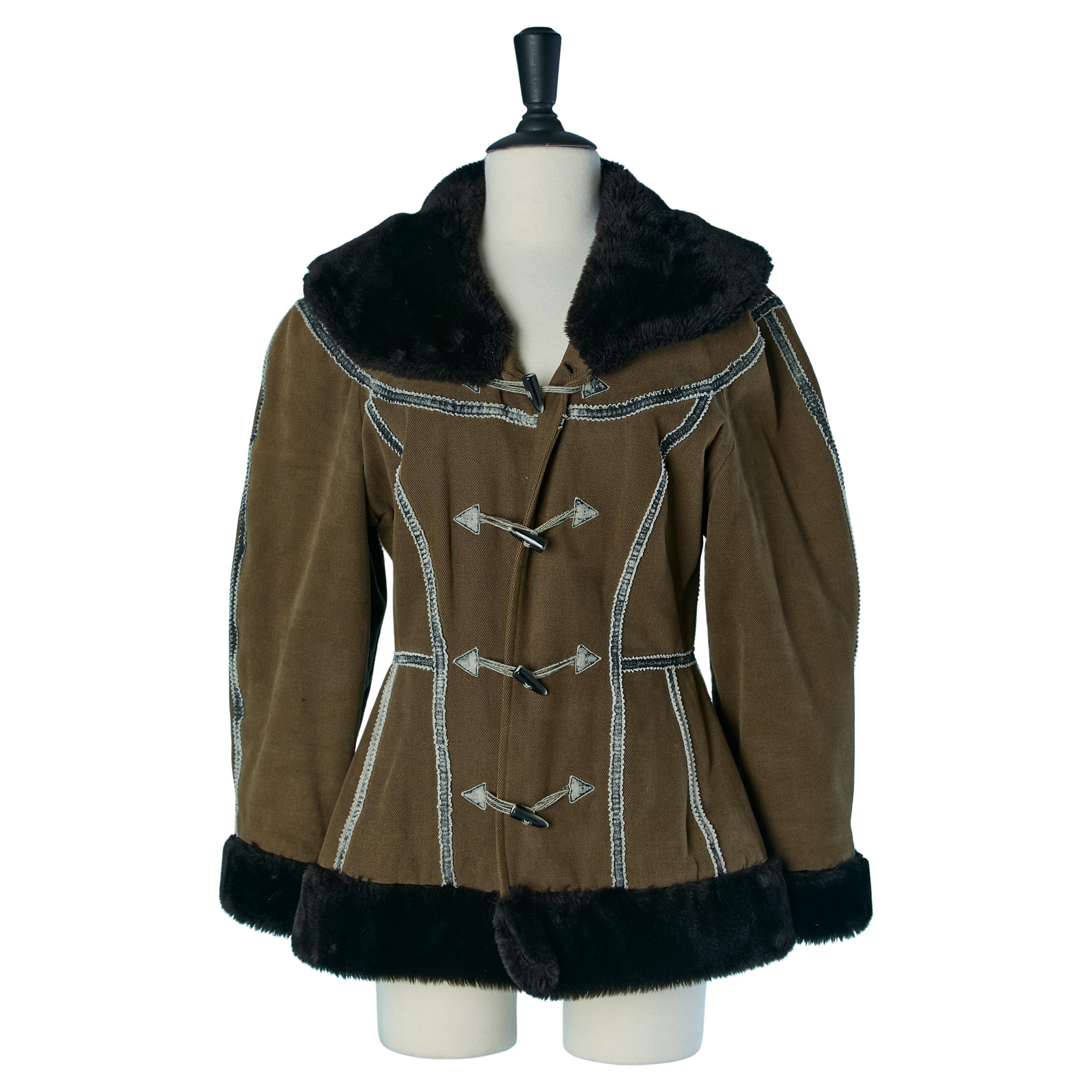 Kaki cotton single breasted jacket with faux fur edge KENZO en vente