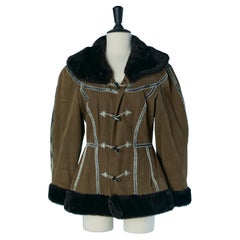 Kaki cotton single breasted jacket with faux fur edge KENZO