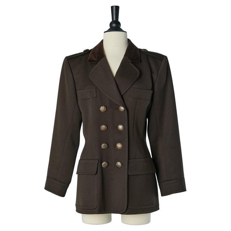Veste kaki à double boutonnage avec col en velours Yves Saint