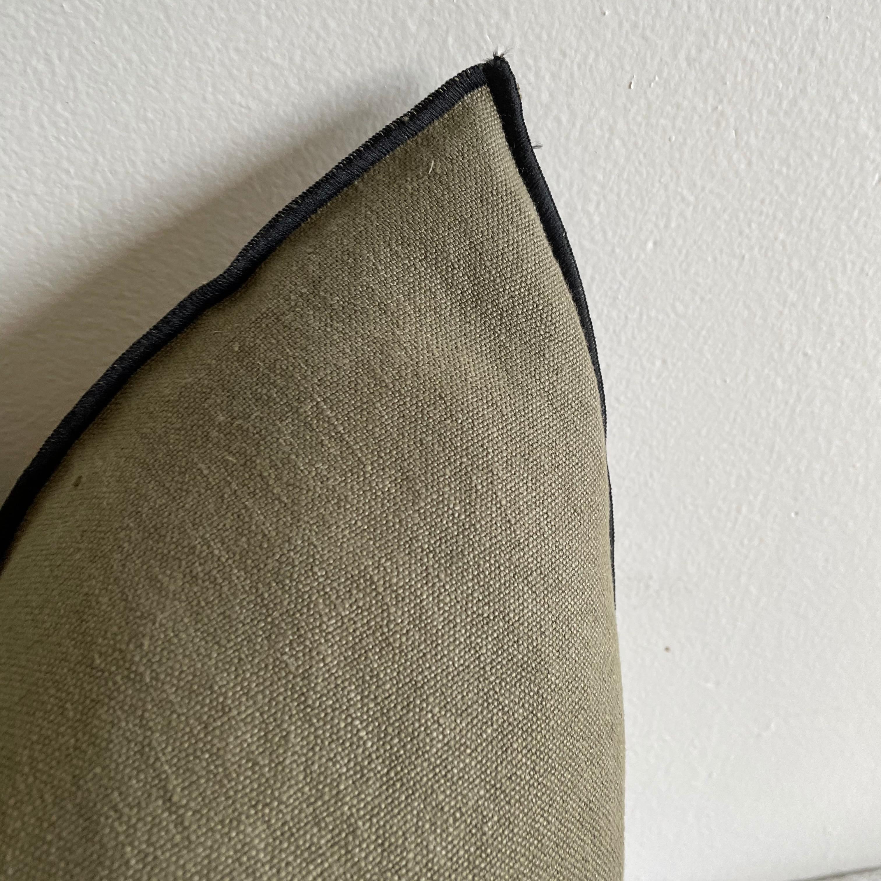 Custom linen blend accent pillow. Color: Kaki A dark green / grey colored nubby textured style pillow with a stitched edge, metal zipper closure. Our pillows are constructed with vintage one of a kind textiles from around the globe. Carefully