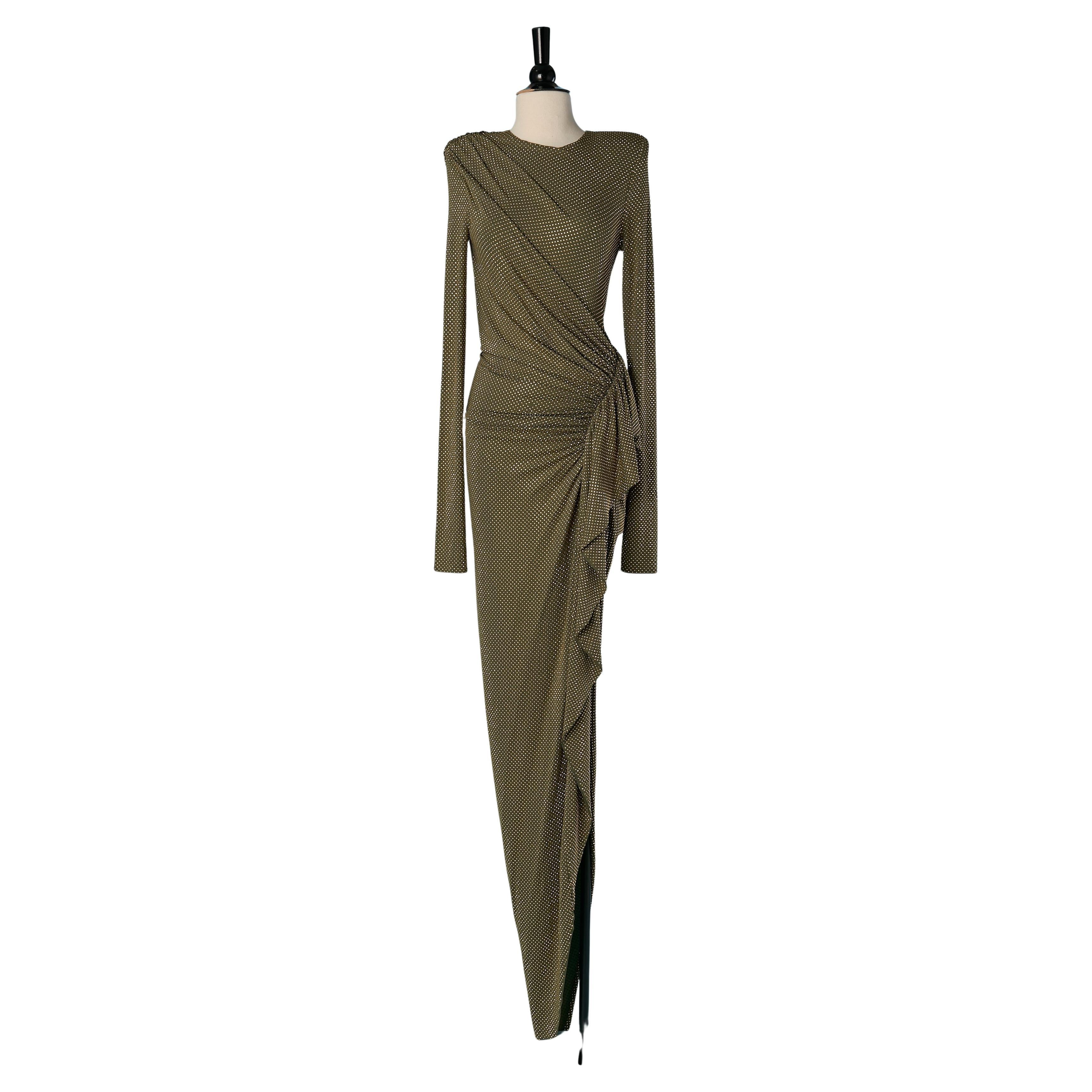 Kaki jersey wrapped evening dress with gold metal stud ALEXANDRE VAUTHIER