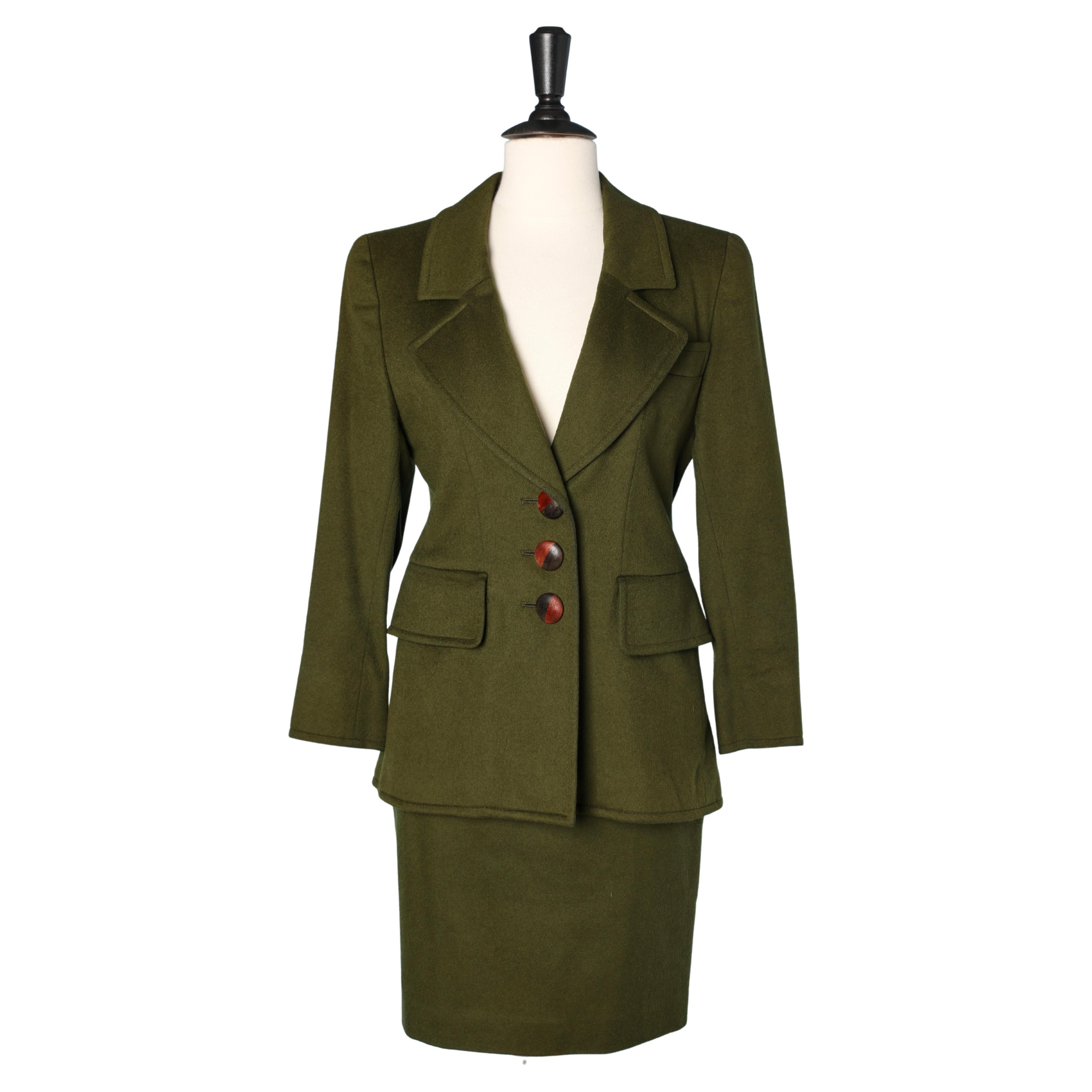 Kaki skirt- suit in wool with wood buttons Yves Saint Laurent Rive Gauche  For Sale