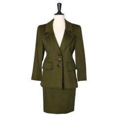 Retro Kaki skirt- suit in wool with wood buttons Yves Saint Laurent Rive Gauche 