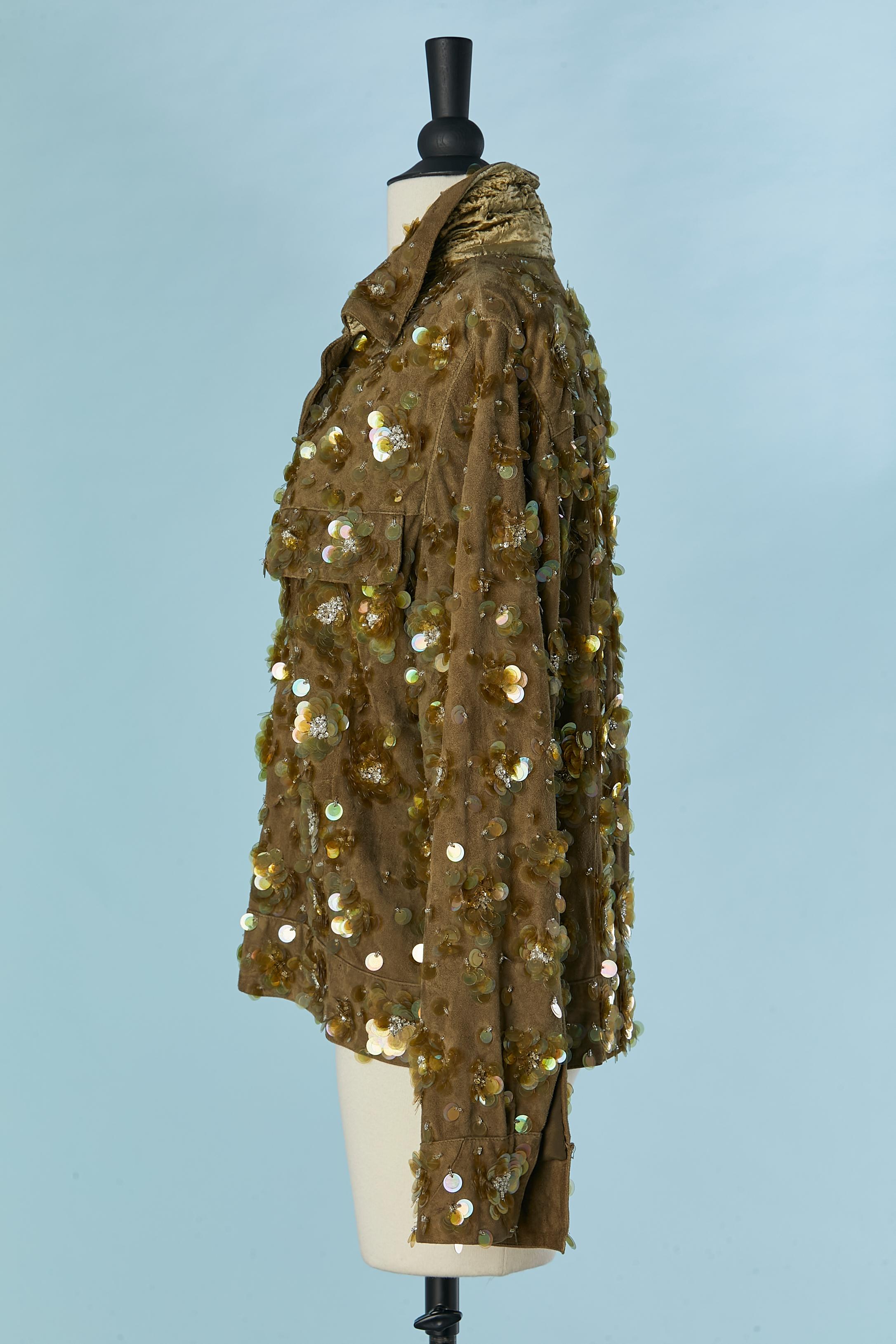 Women's Kaki suede jacket covered with sequins and velvet on the back collar 