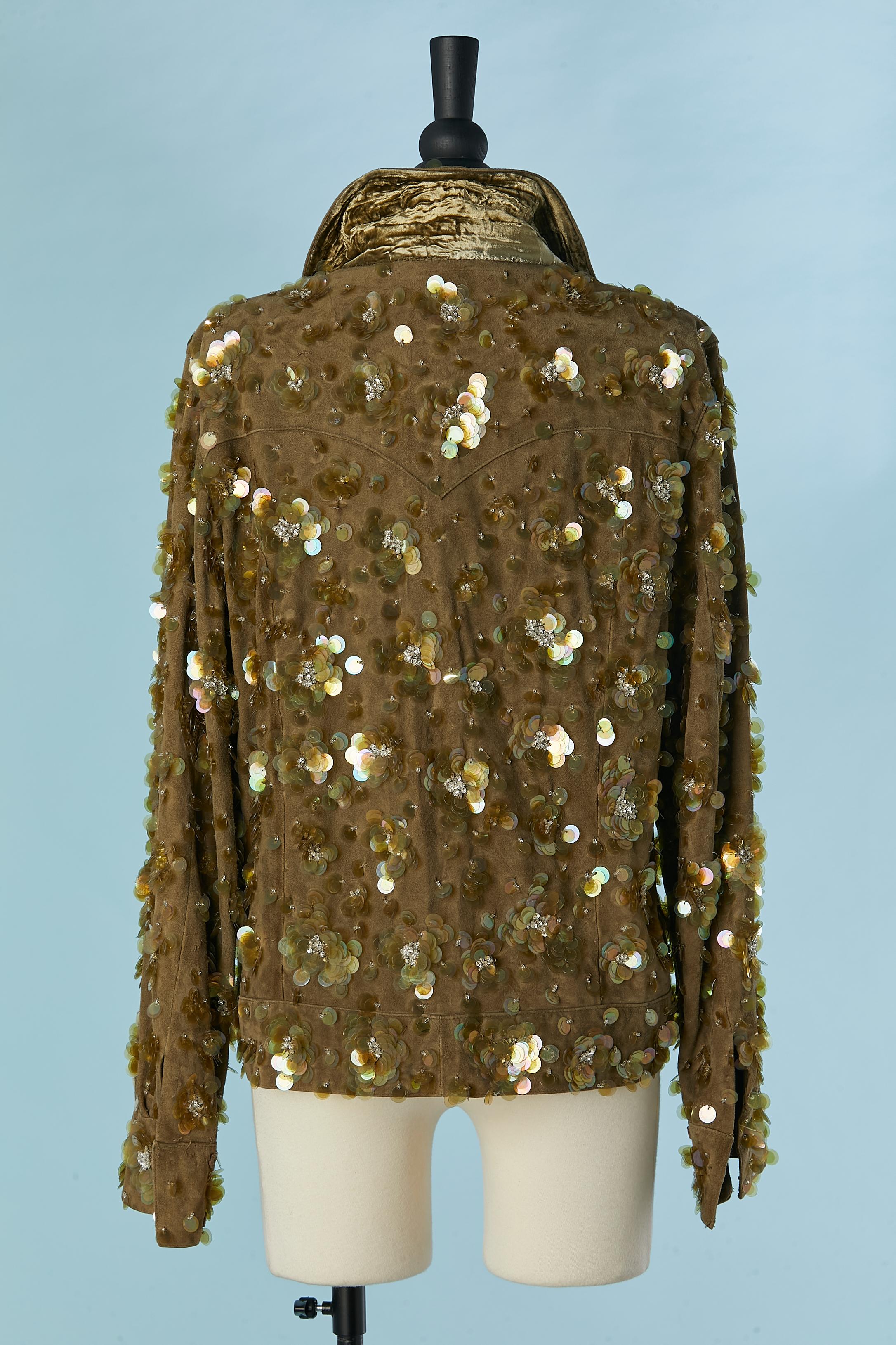 Kaki suede jacket covered with sequins and velvet on the back collar  1