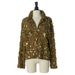 Kaki suede jacket covered with sequins and velvet on the back collar 